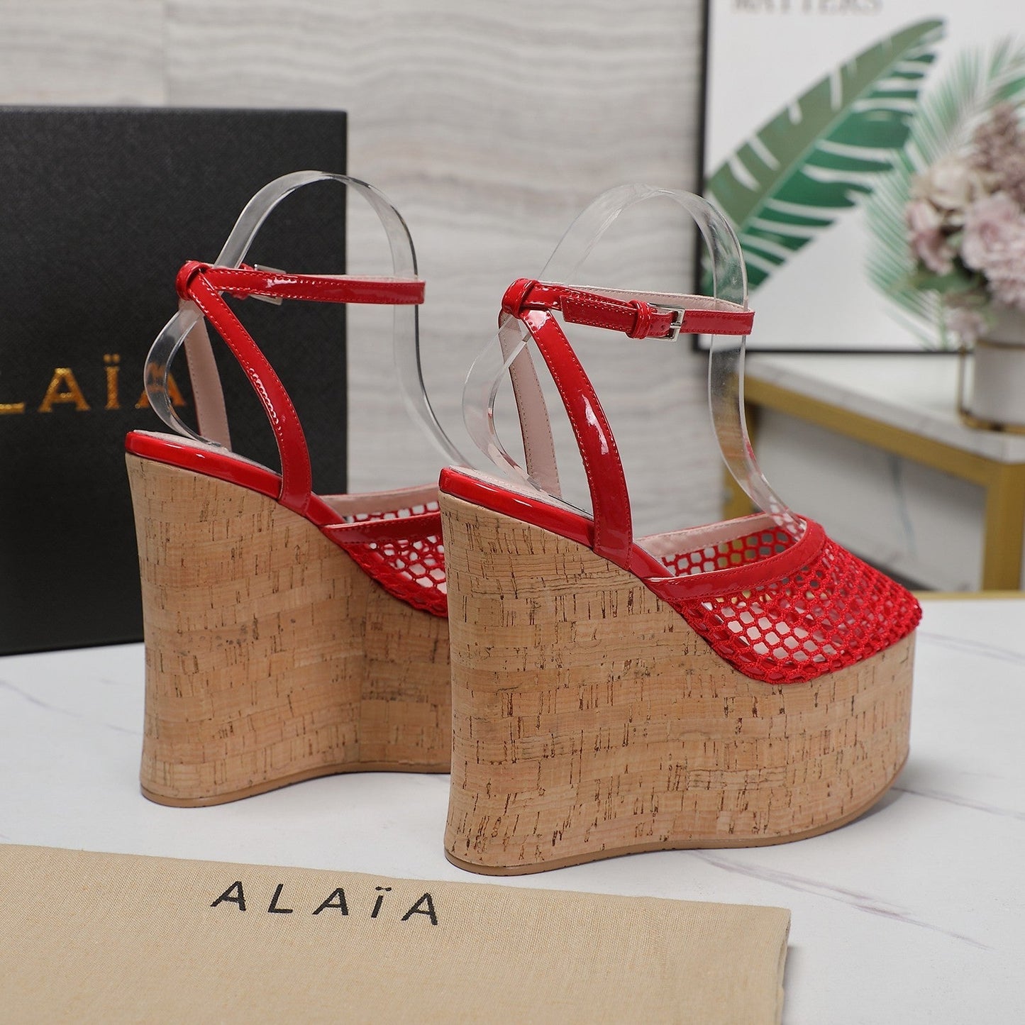 ALAIA WEDGE SANDAL IN CHERRY RED MESH AND BEIGE RUBBER - 35
