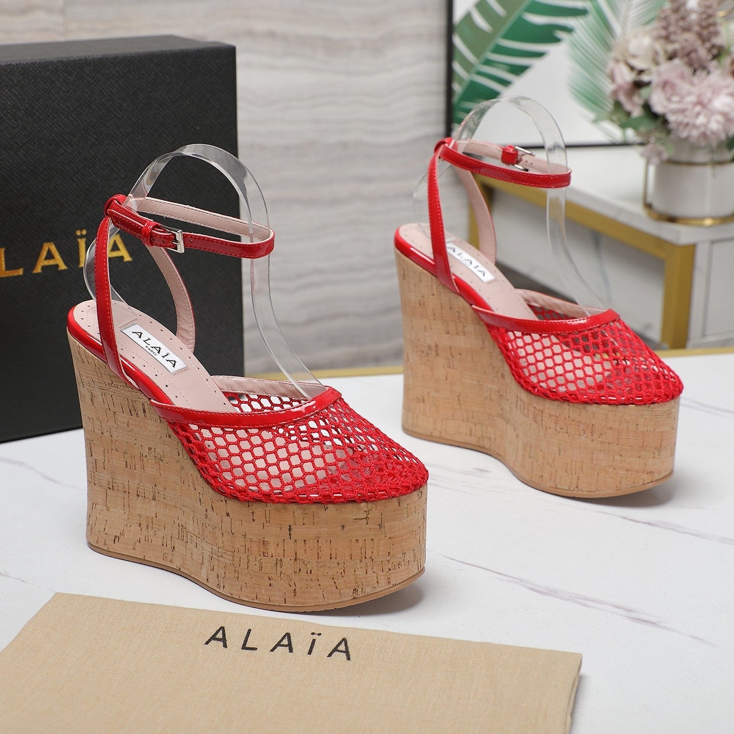 ALAIA WEDGE SANDAL IN CHERRY RED MESH AND BEIGE RUBBER - 35