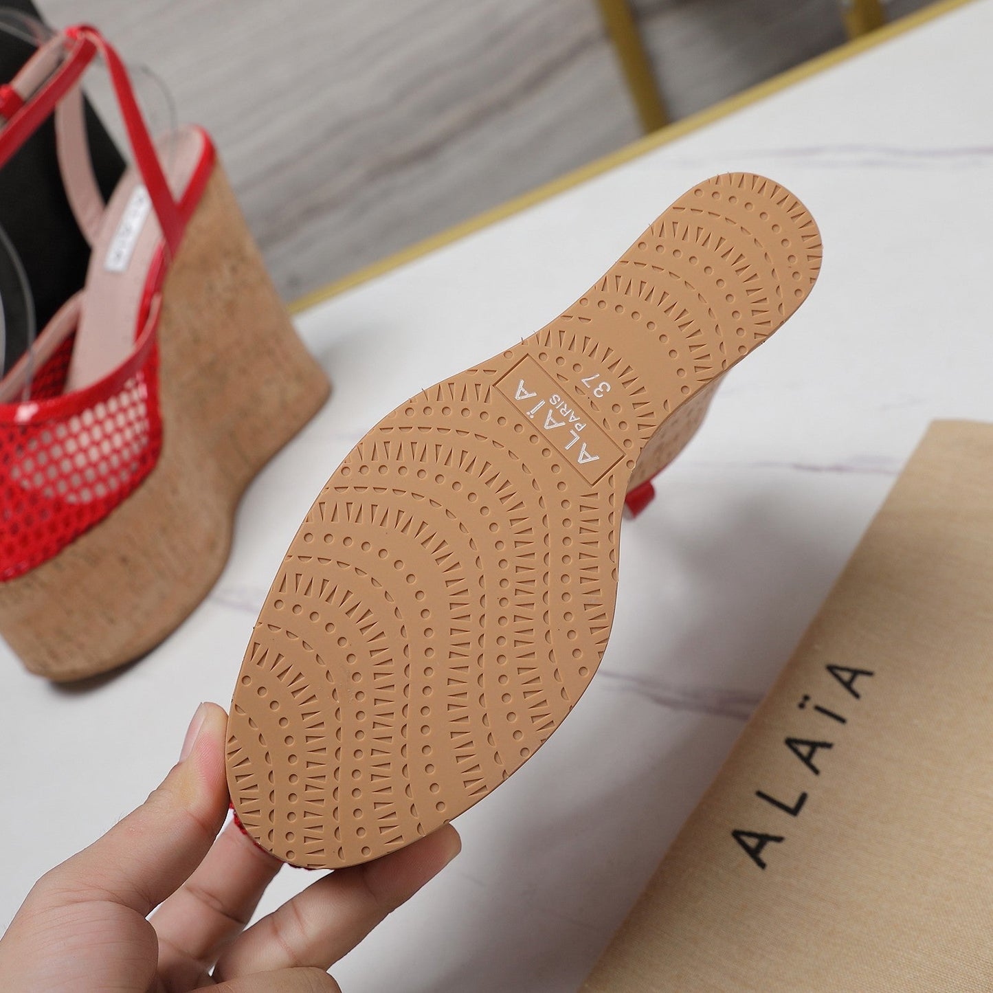 ALAIA WEDGE SANDAL IN CHERRY RED MESH AND BEIGE RUBBER - 35