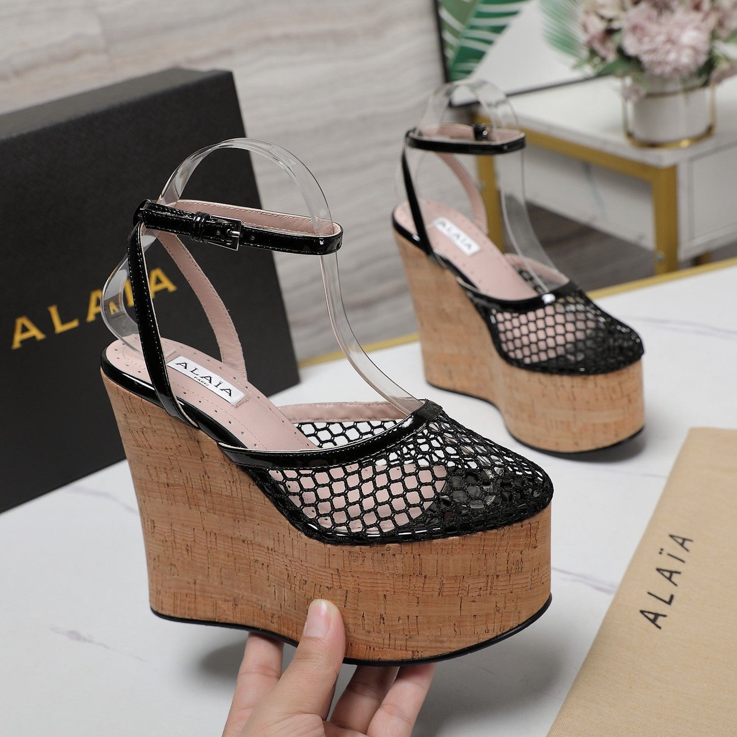 ALAIA WEDGE SANDAL IN BLACK MESH AND BEIGE RUBBER - 35