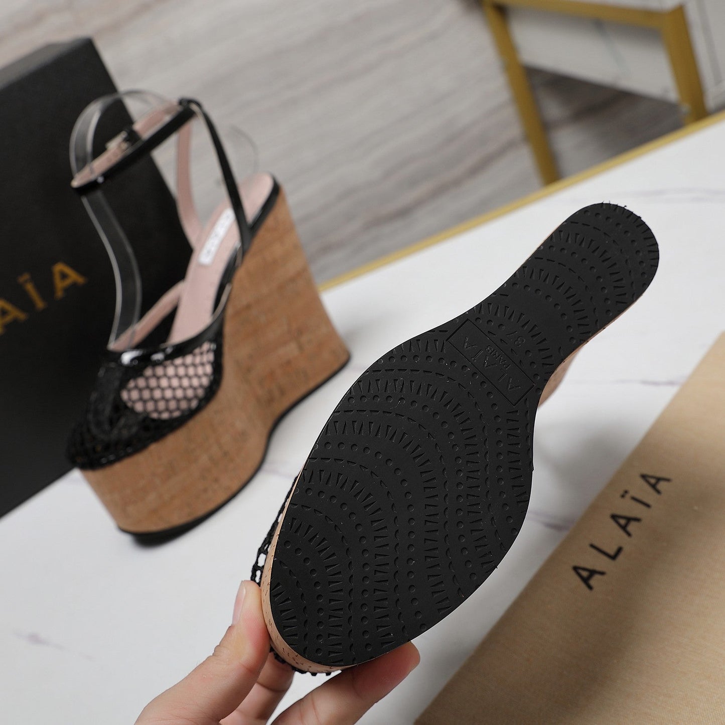 ALAIA WEDGE SANDAL IN BLACK MESH AND BEIGE RUBBER - 35