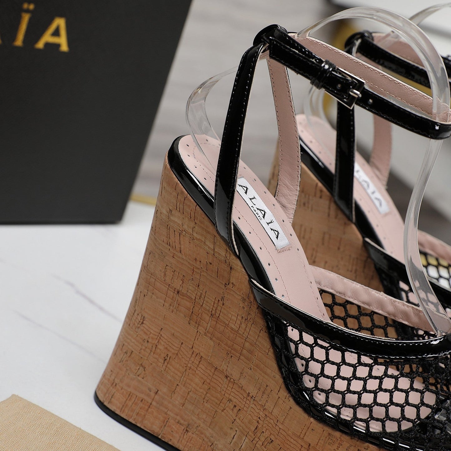 ALAIA WEDGE SANDAL IN BLACK MESH AND BEIGE RUBBER - 35