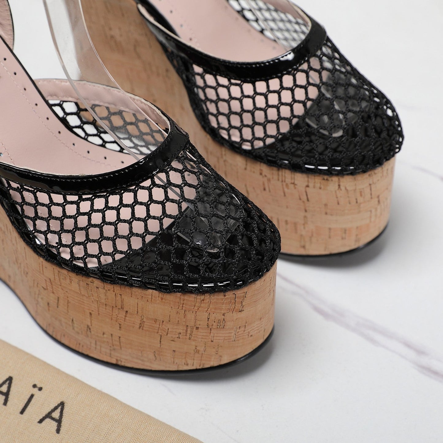 ALAIA WEDGE SANDAL IN BLACK MESH AND BEIGE RUBBER - 35