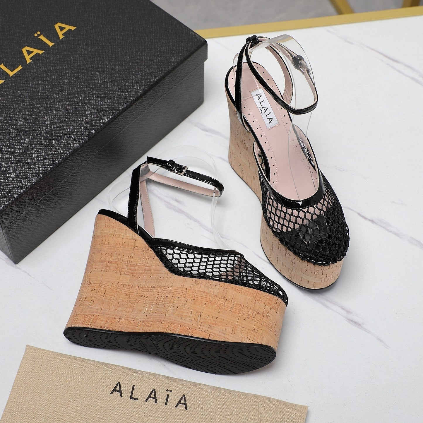 ALAIA WEDGE SANDAL IN BLACK MESH AND BEIGE RUBBER - 35