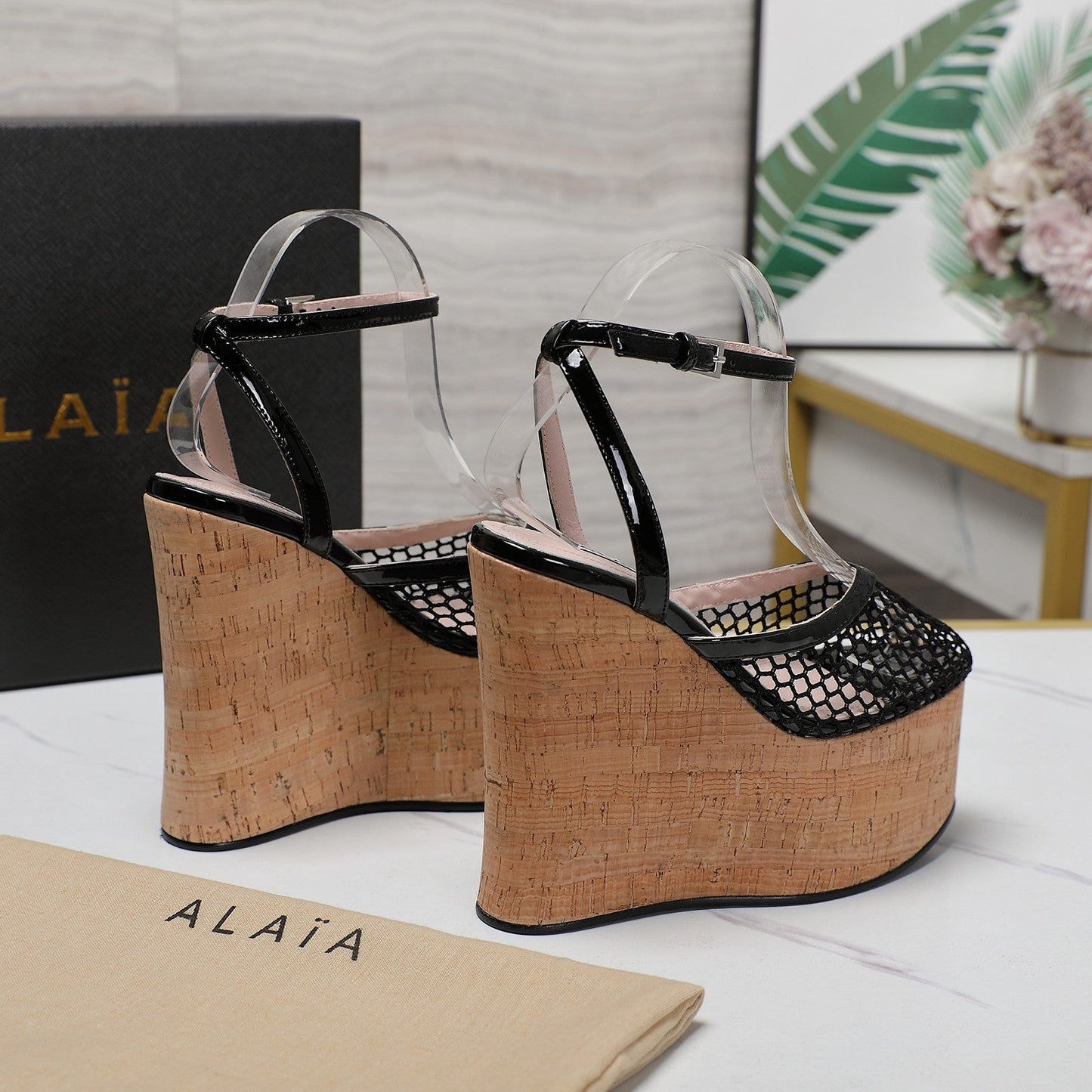 ALAIA WEDGE SANDAL IN BLACK MESH AND BEIGE RUBBER - 35