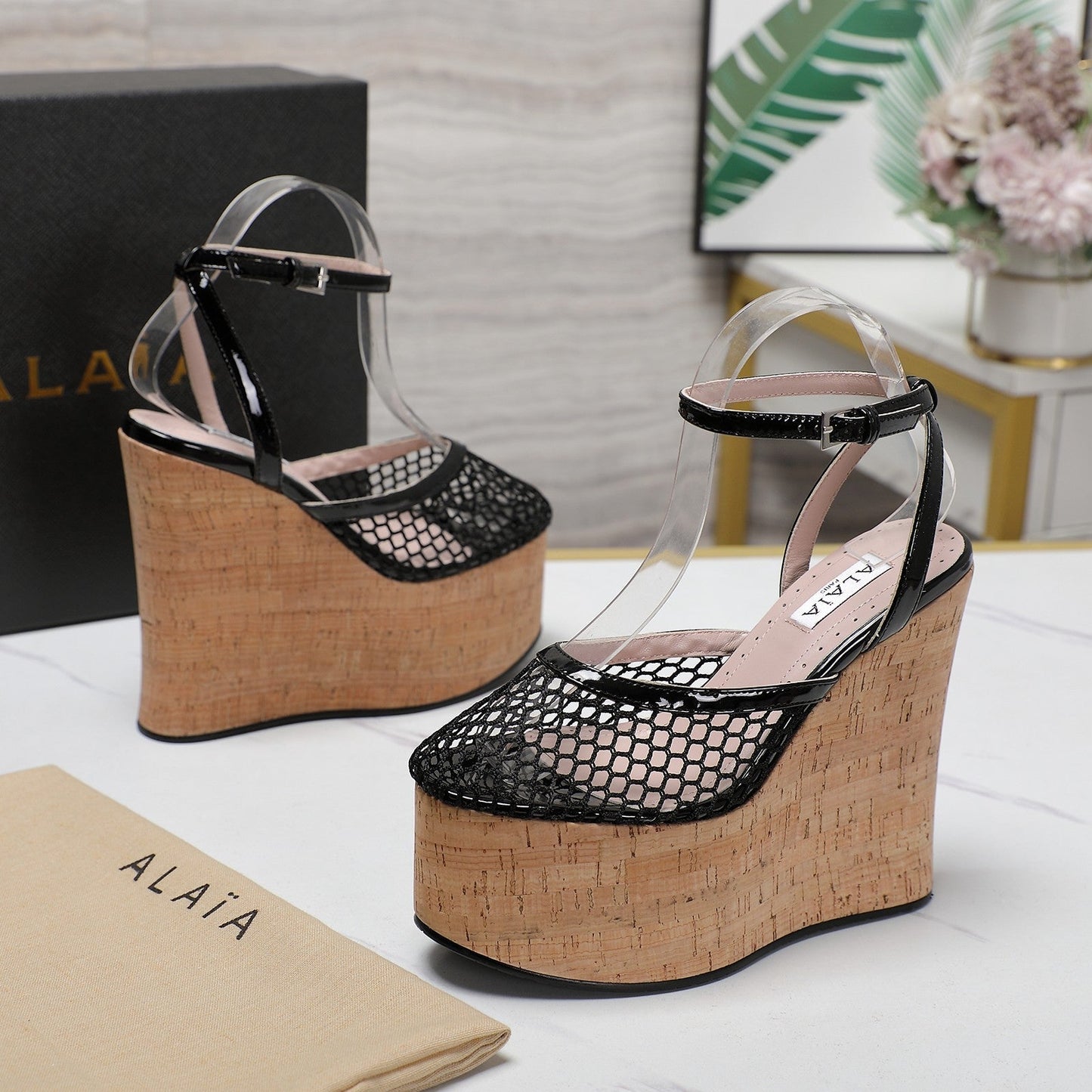ALAIA WEDGE SANDAL IN BLACK MESH AND BEIGE RUBBER - 35