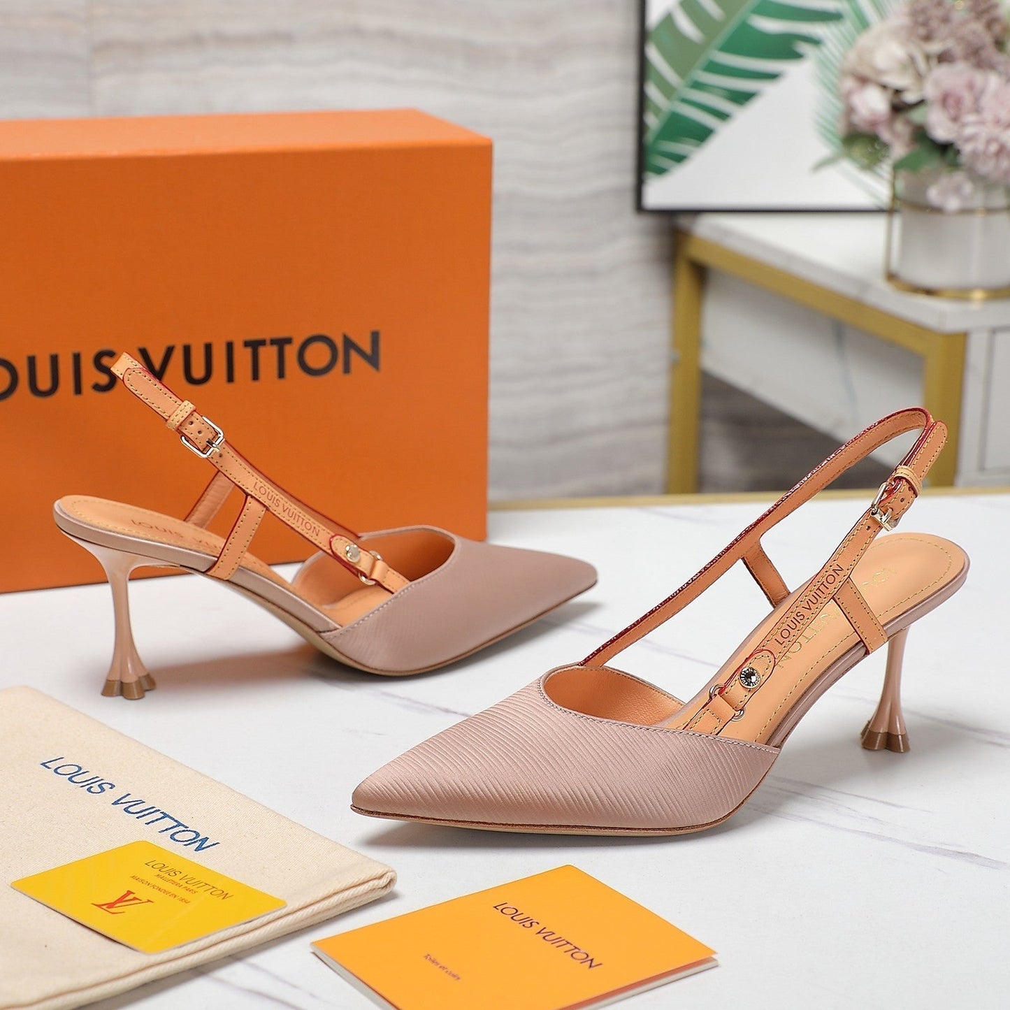 LV WOMEN BLOSSOM SLINGBACK PUMP IN NUDE BEIGE EMBROIDERED FABRIC - 35 / 7.5 CM