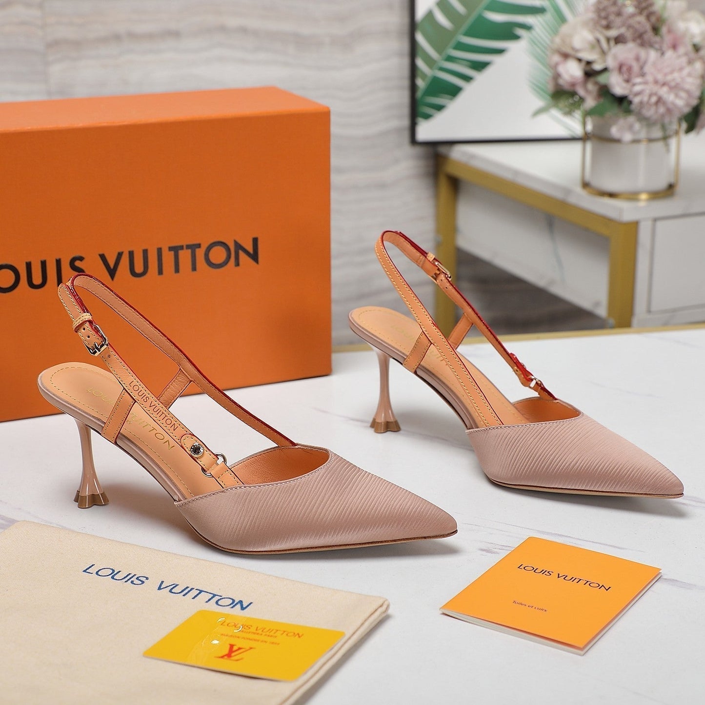 LV WOMEN BLOSSOM SLINGBACK PUMP IN NUDE BEIGE EMBROIDERED FABRIC - 35 / 7.5 CM