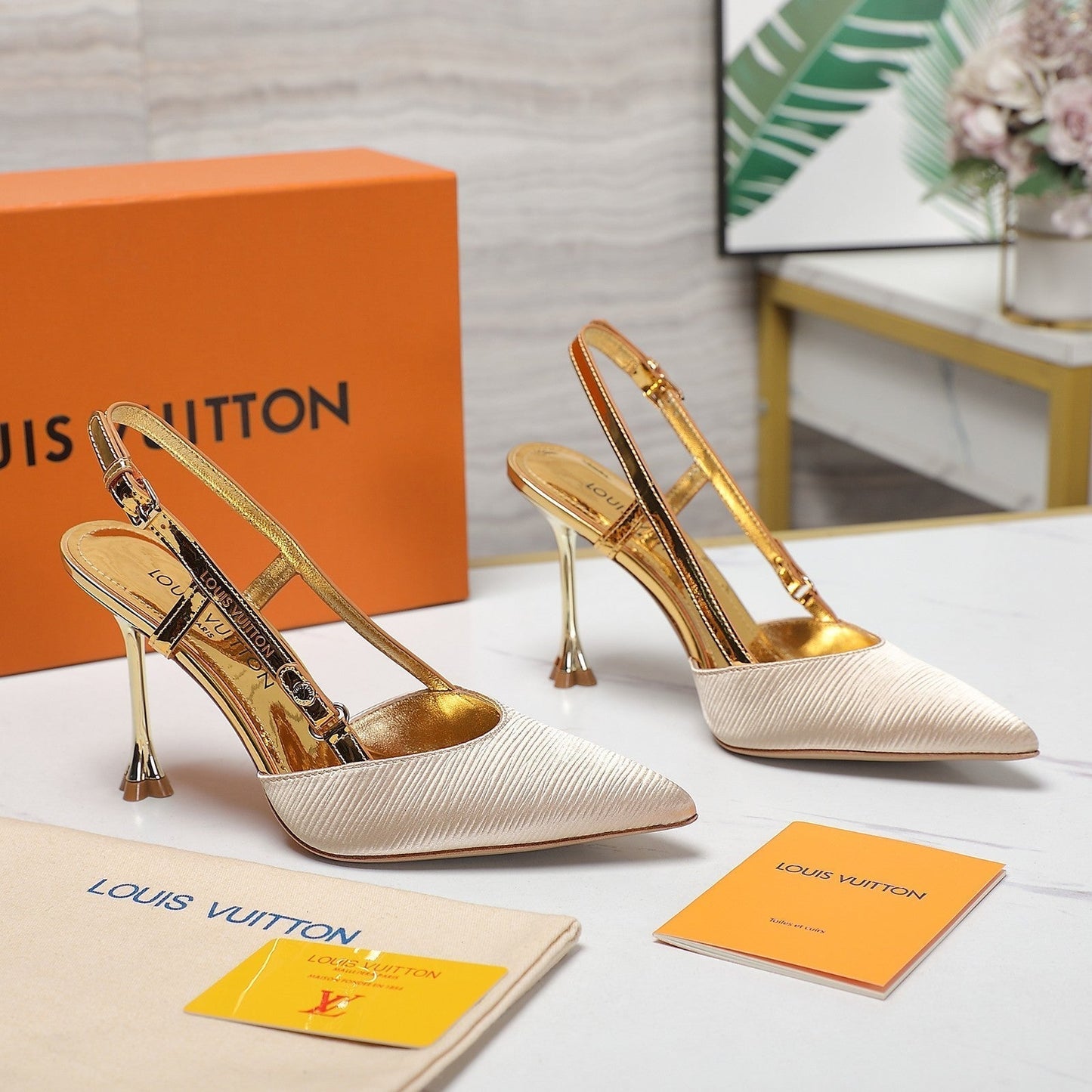 LV WOMEN BLOSSOM SLINGBACK PUMP IN GOLDEN EMBROIDERED FABRIC - 35 / 7.5 CM