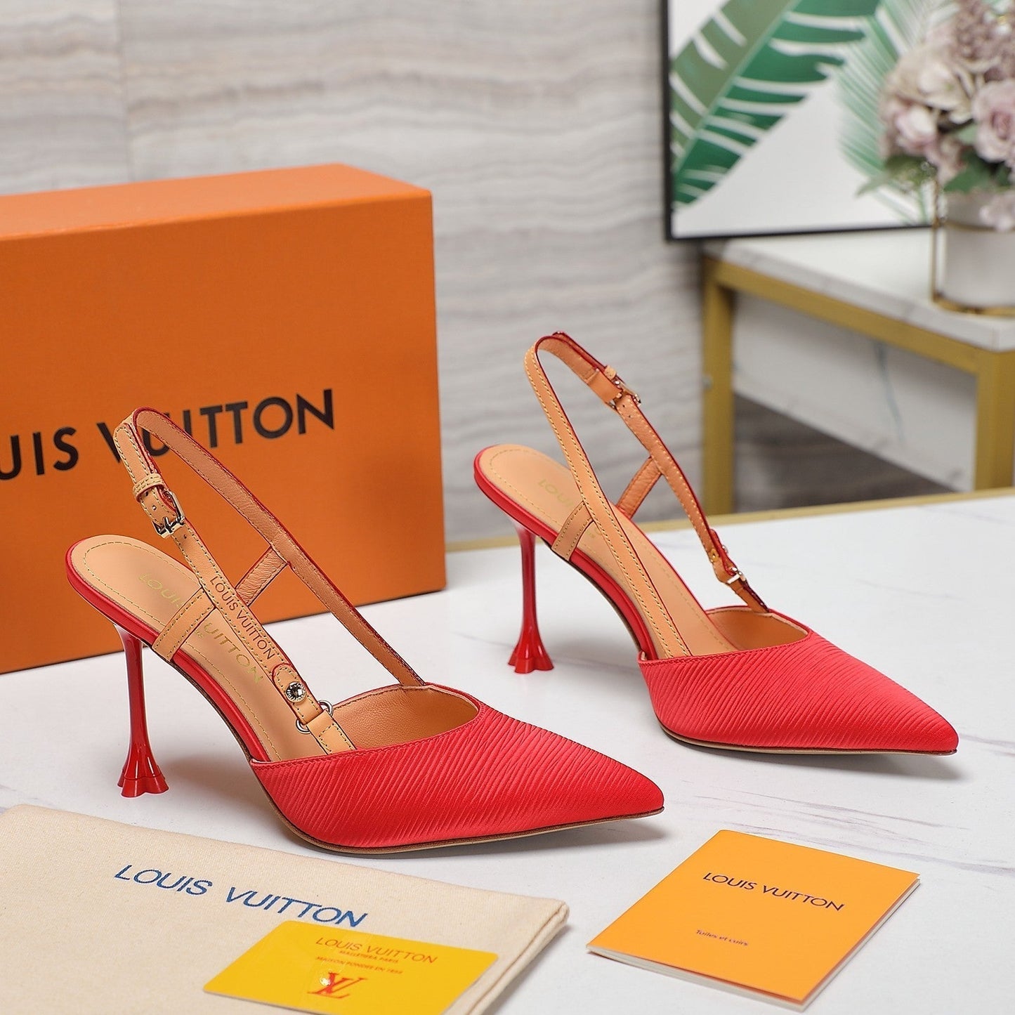 LV WOMEN BLOSSOM SLINGBACK PUMP IN CHERRY RED EMBROIDERED FABRIC - 35 / 7.5 CM