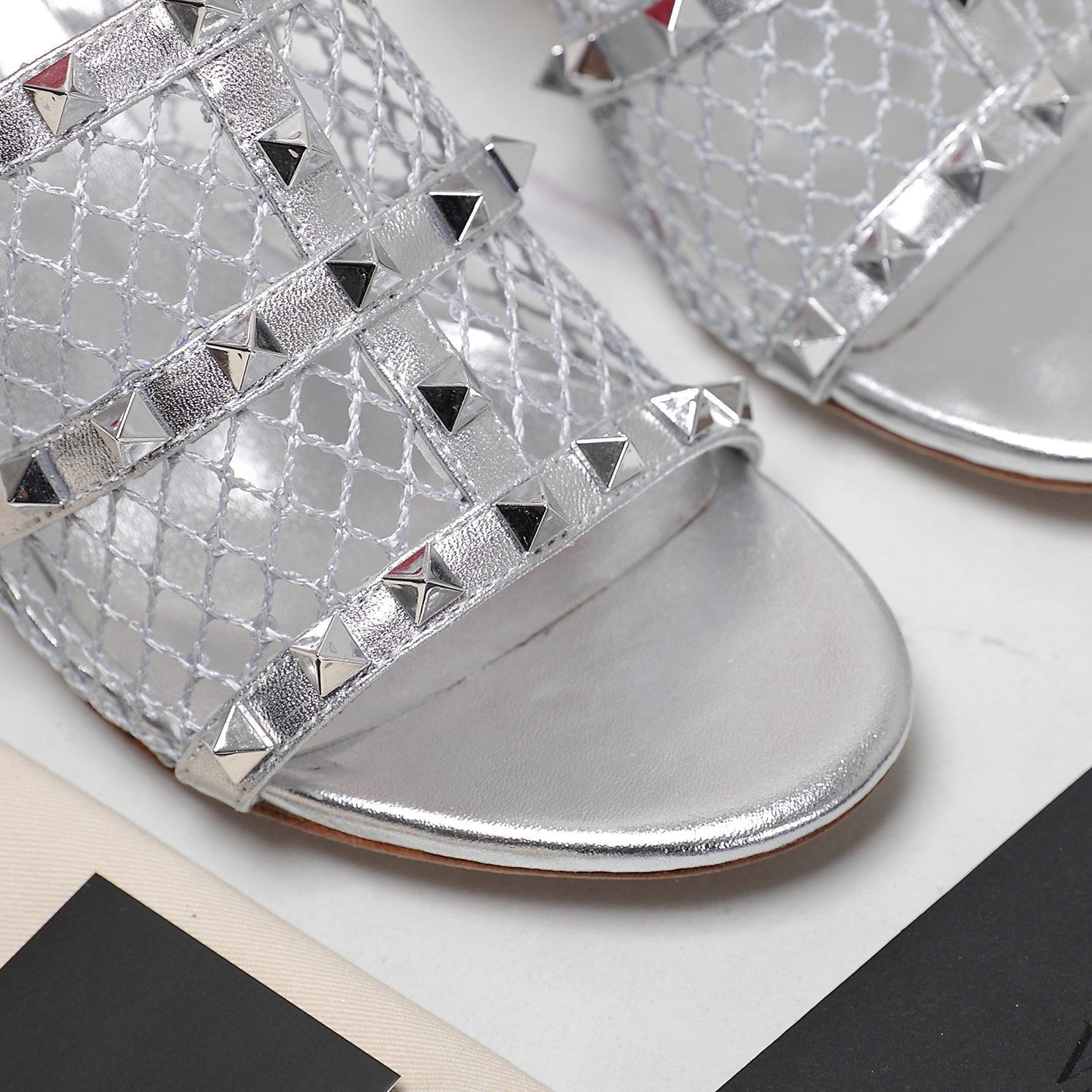 WOMEN'S BLACK ROCKSTUD SILVER MESH SLIDER SANDAL WITH MATCHING STUDS 65 MM - 35