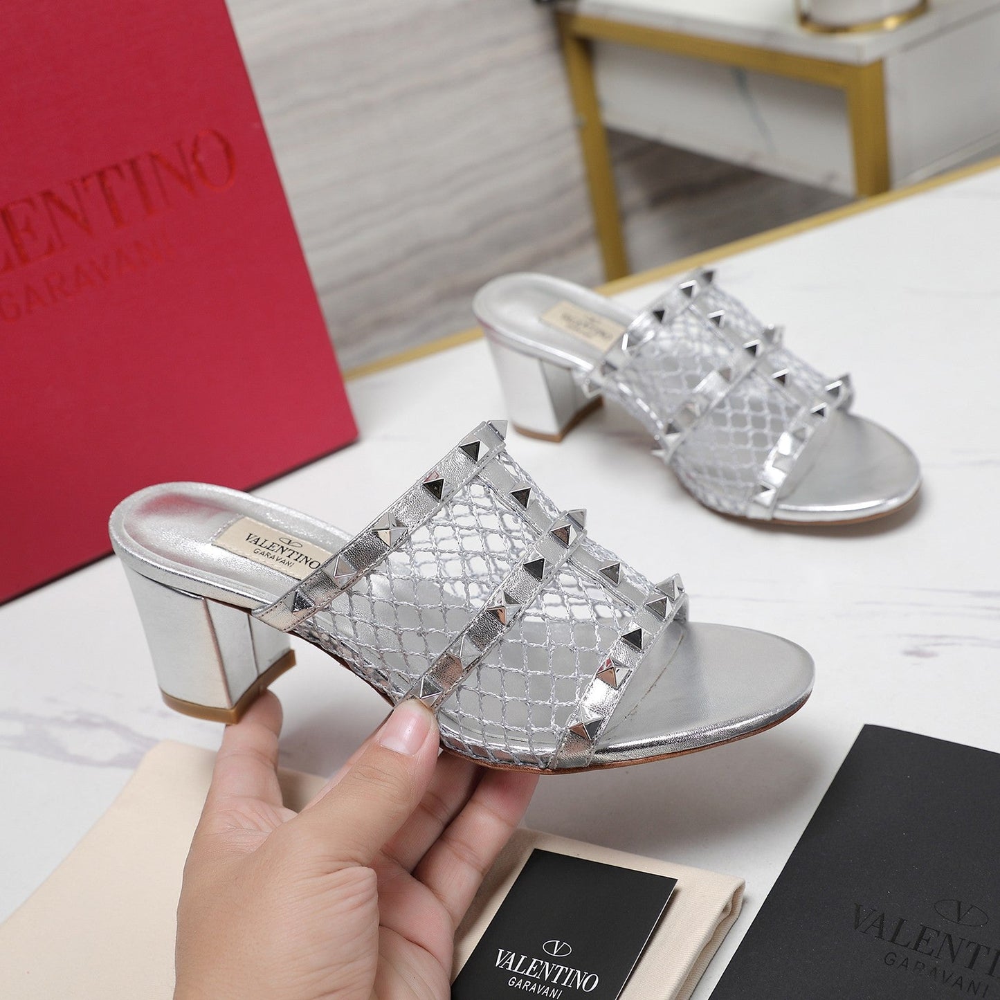 WOMEN'S BLACK ROCKSTUD SILVER MESH SLIDER SANDAL WITH MATCHING STUDS 65 MM - 35