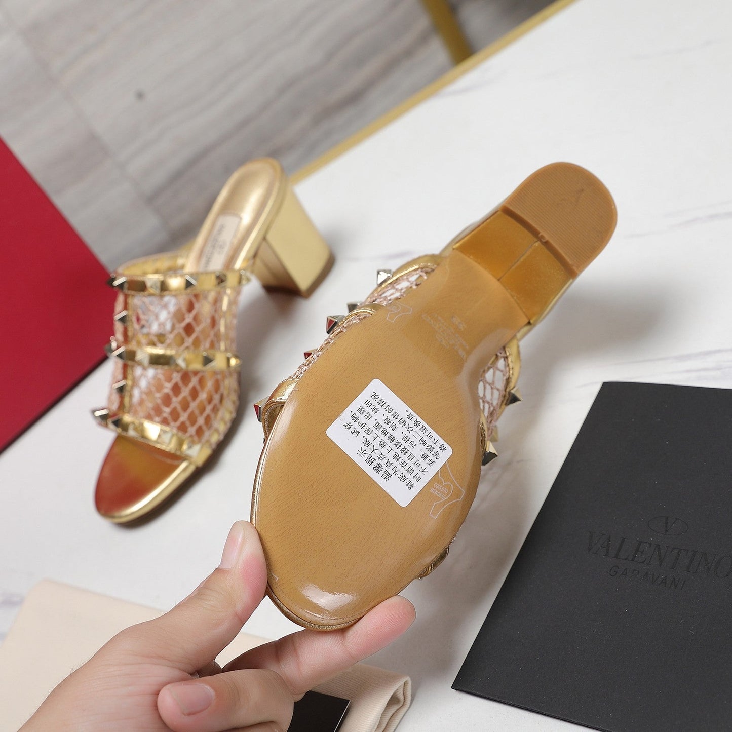 WOMEN'S BLACK ROCKSTUD GOLD MESH SLIDER SANDAL WITH MATCHING STUDS 65 MM - 35