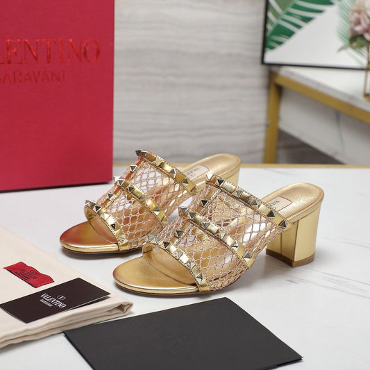 WOMEN'S BLACK ROCKSTUD GOLD MESH SLIDER SANDAL WITH MATCHING STUDS 65 MM - 35