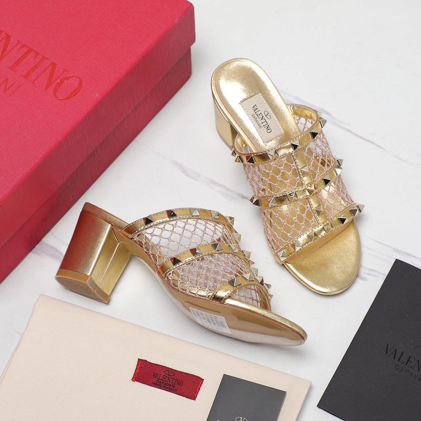 WOMEN'S BLACK ROCKSTUD GOLD MESH SLIDER SANDAL WITH MATCHING STUDS 65 MM - 35