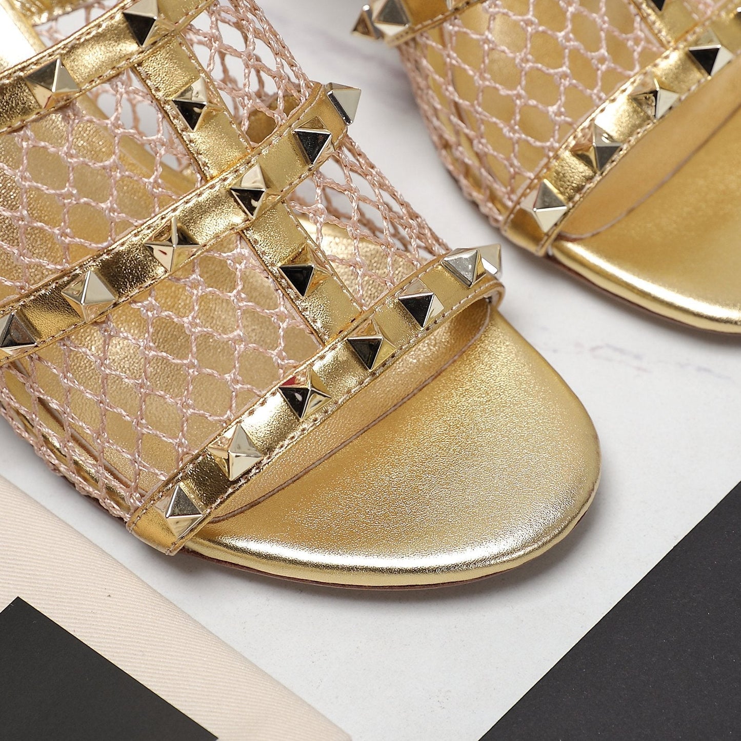 WOMEN'S BLACK ROCKSTUD GOLD MESH SLIDER SANDAL WITH MATCHING STUDS 65 MM - 35