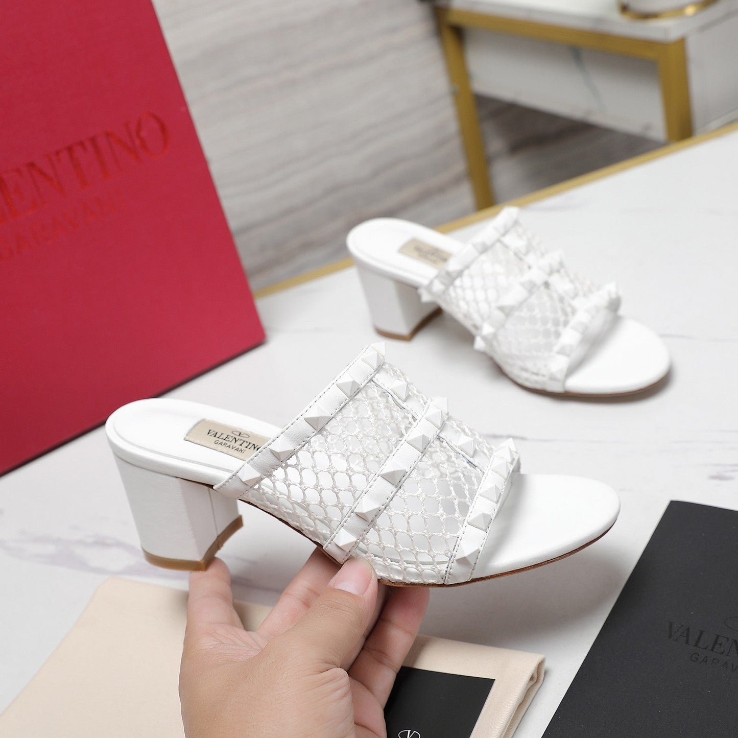 WOMEN'S BLACK ROCKSTUD WHITE MESH SLIDER SANDAL WITH MATCHING STUDS 65 MM - 35