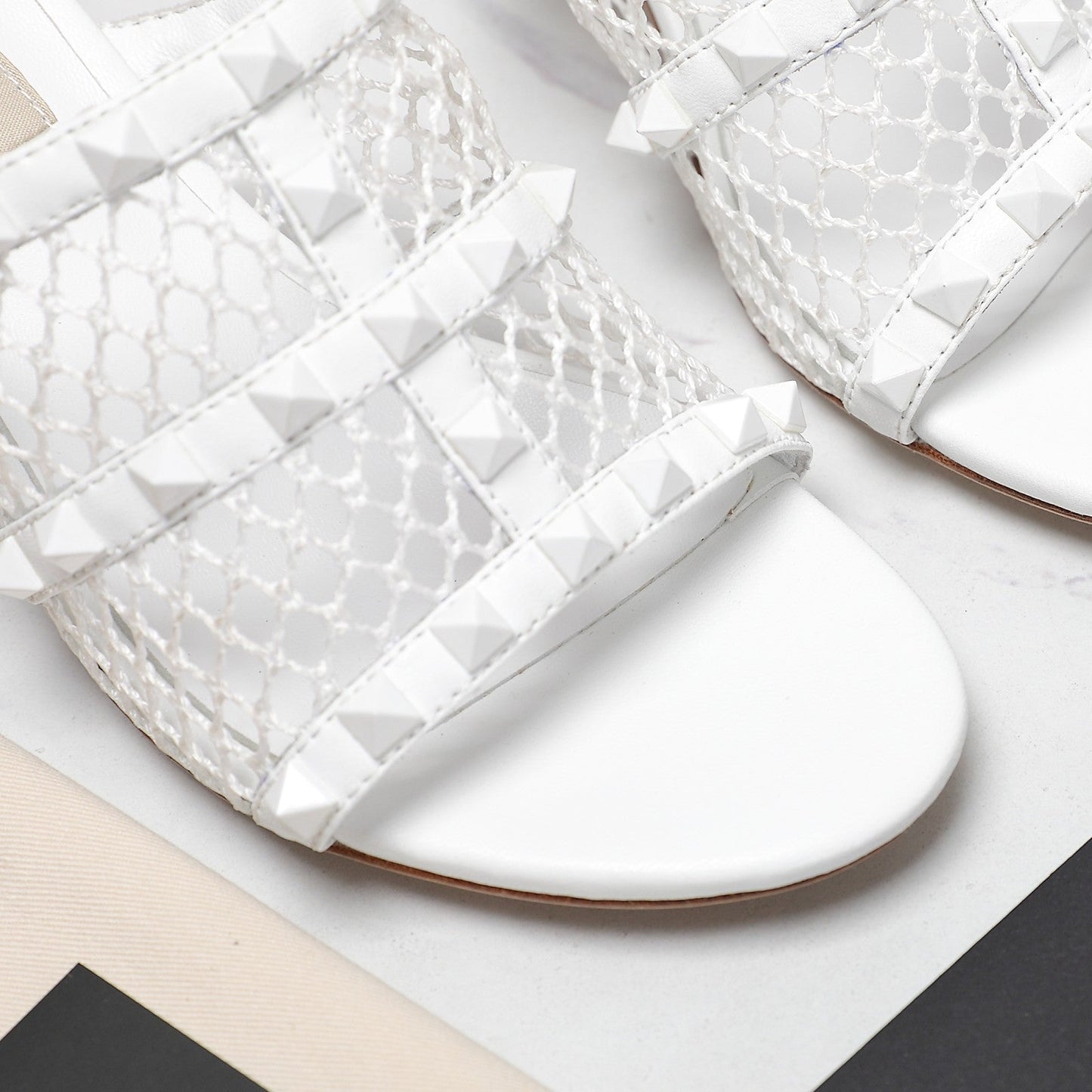 WOMEN'S BLACK ROCKSTUD WHITE MESH SLIDER SANDAL WITH MATCHING STUDS 65 MM - 35