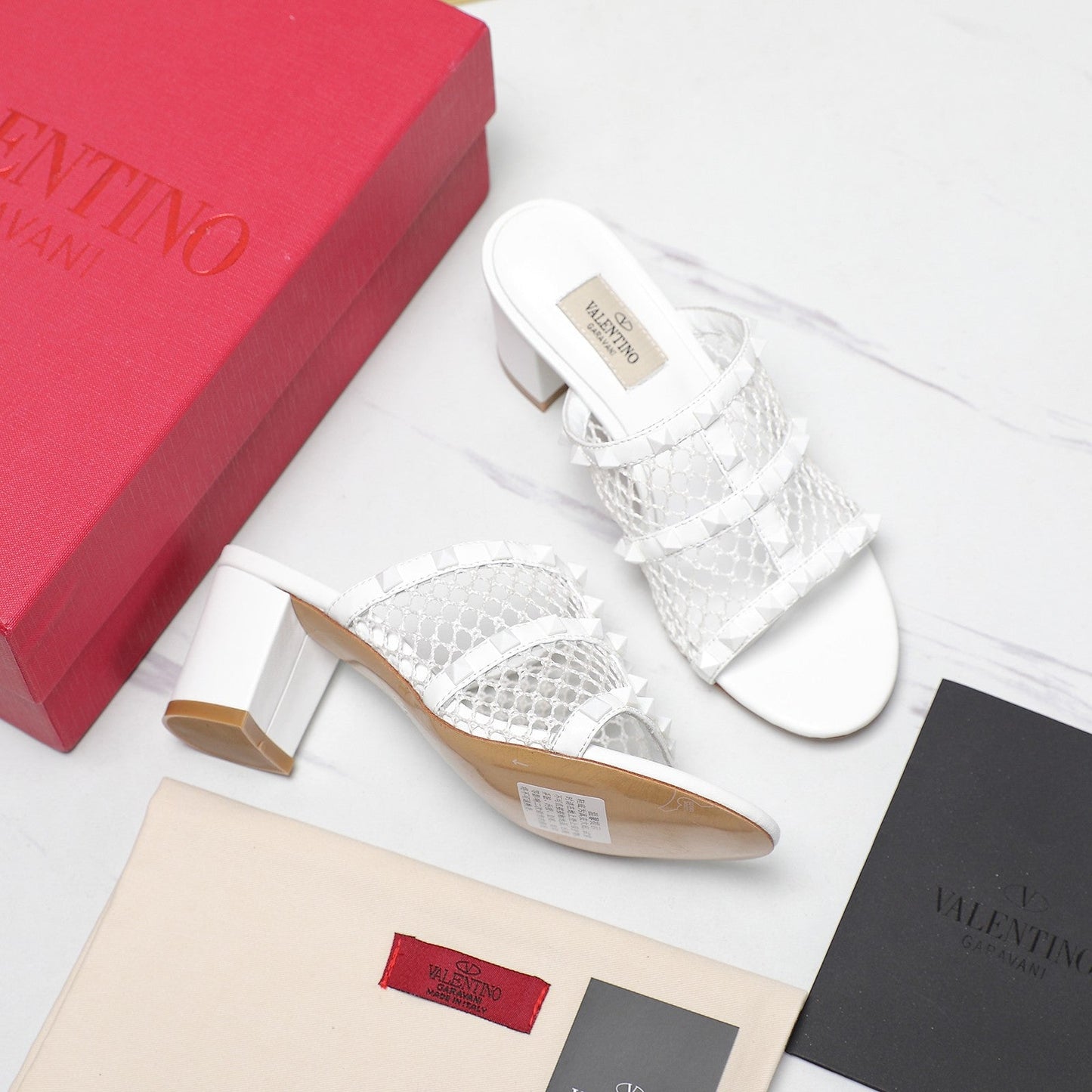 WOMEN'S BLACK ROCKSTUD WHITE MESH SLIDER SANDAL WITH MATCHING STUDS 65 MM - 35