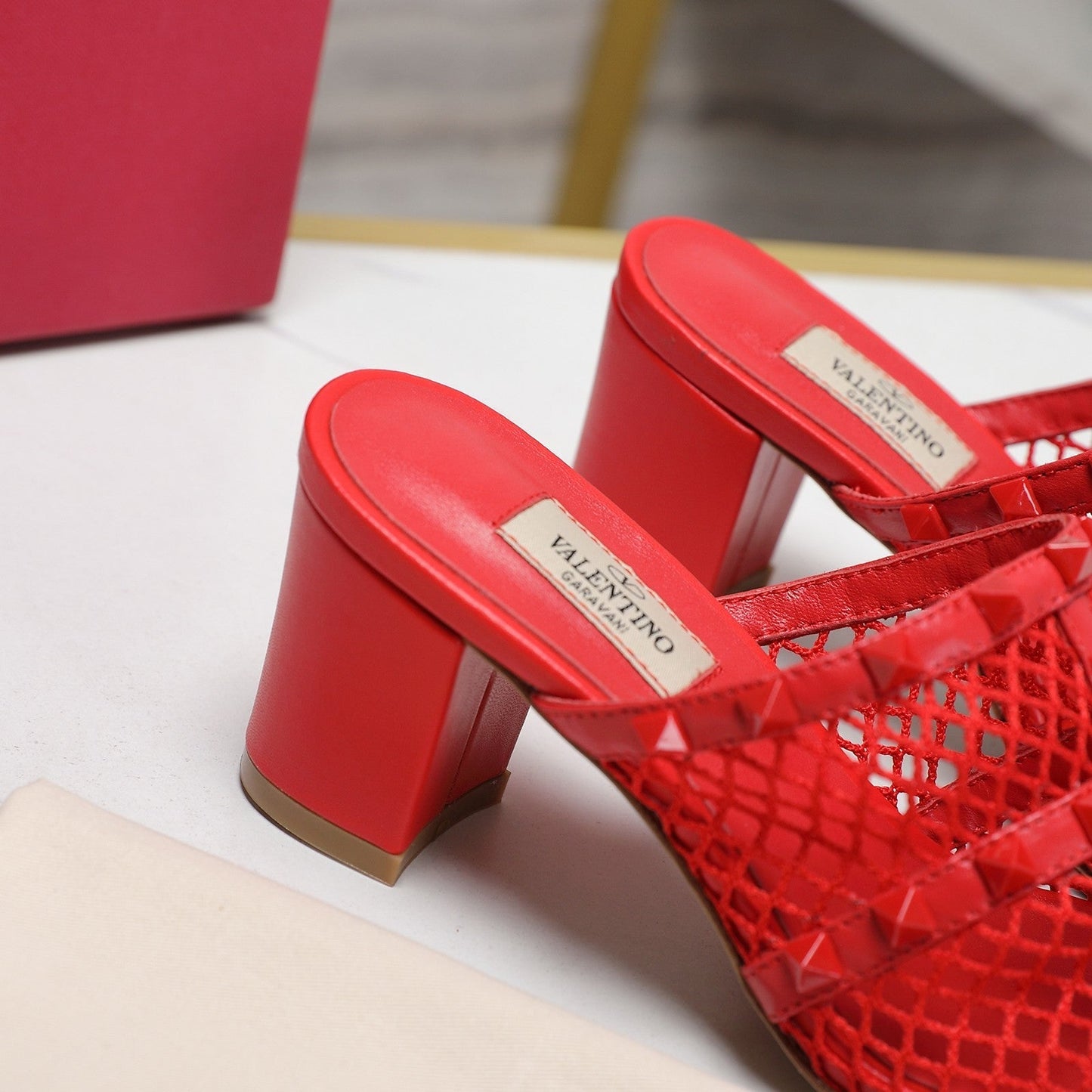 WOMEN'S BLACK ROCKSTUD CHERRY RED MESH SLIDER SANDAL WITH MATCHING STUDS 65 MM - 35