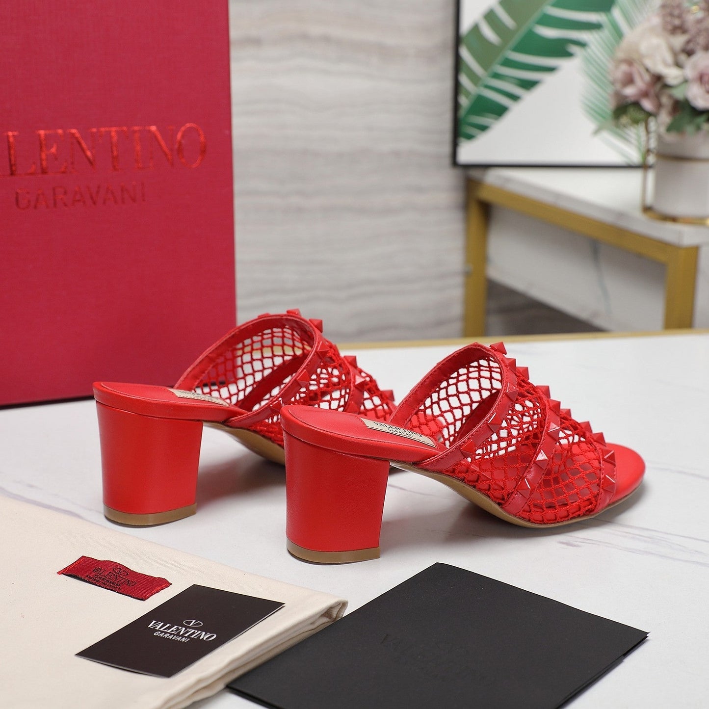 WOMEN'S BLACK ROCKSTUD CHERRY RED MESH SLIDER SANDAL WITH MATCHING STUDS 65 MM - 35