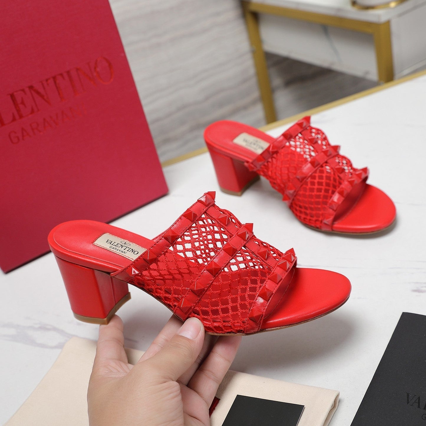 WOMEN'S BLACK ROCKSTUD CHERRY RED MESH SLIDER SANDAL WITH MATCHING STUDS 65 MM - 35