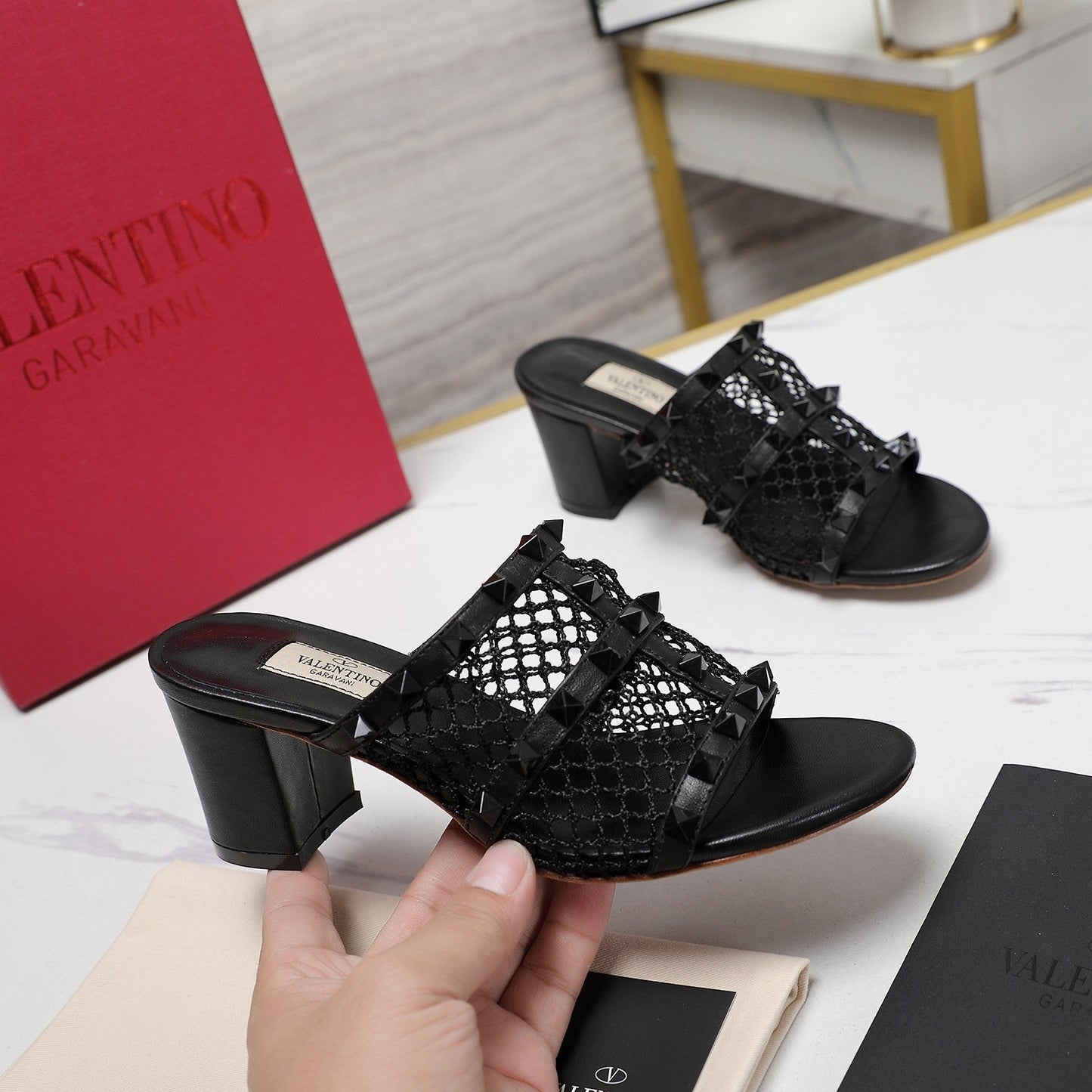 WOMEN'S BLACK ROCKSTUD BLACK MESH SLIDER SANDAL WITH MATCHING STUDS 65 MM - 35