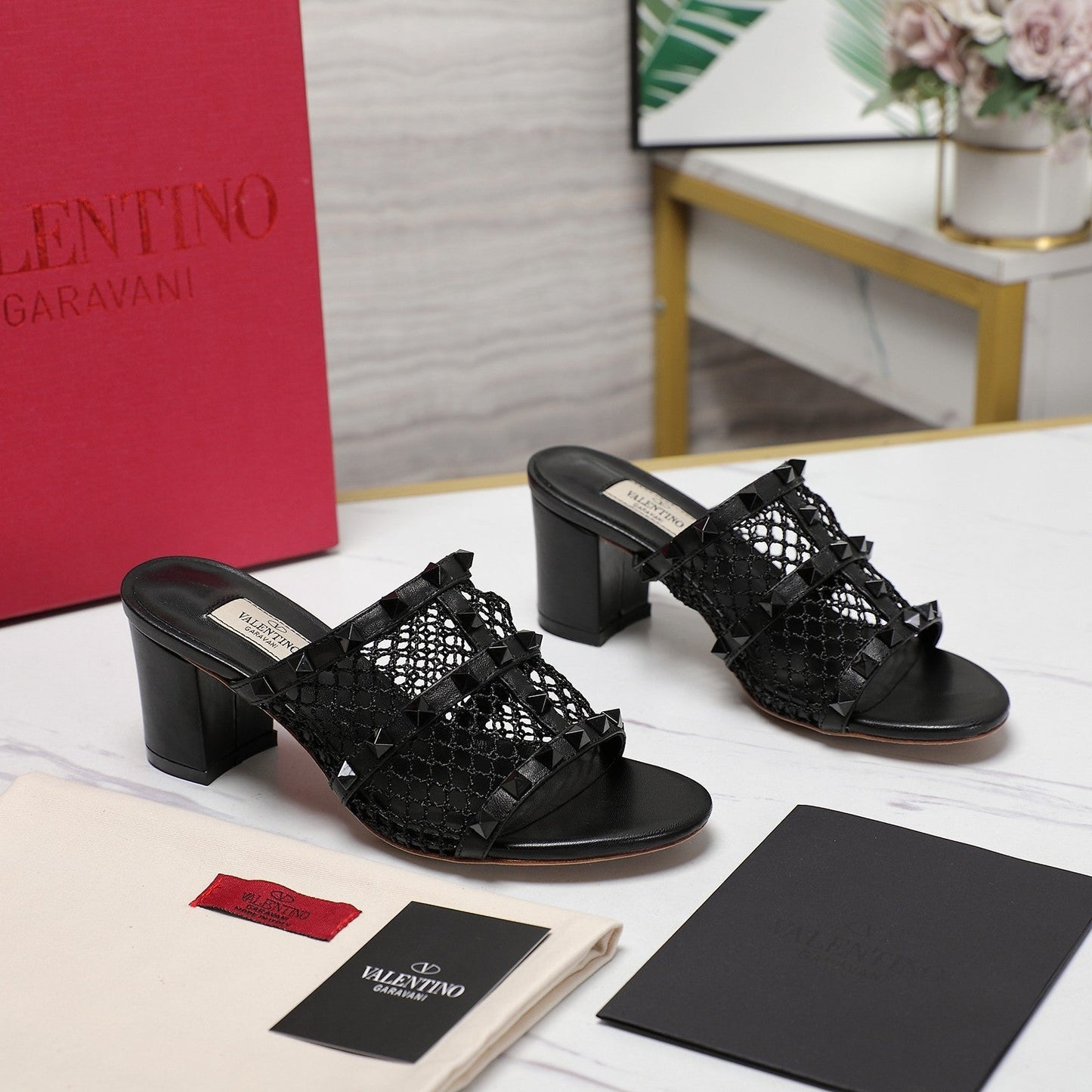 WOMEN'S BLACK ROCKSTUD BLACK MESH SLIDER SANDAL WITH MATCHING STUDS 65 MM - 35