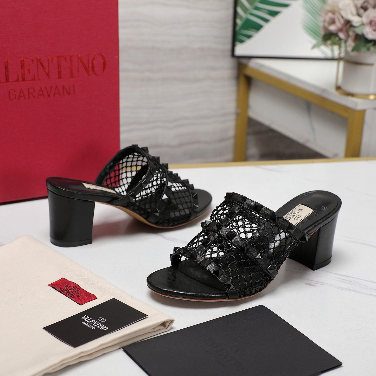 WOMEN'S BLACK ROCKSTUD BLACK MESH SLIDER SANDAL WITH MATCHING STUDS 65 MM - 35