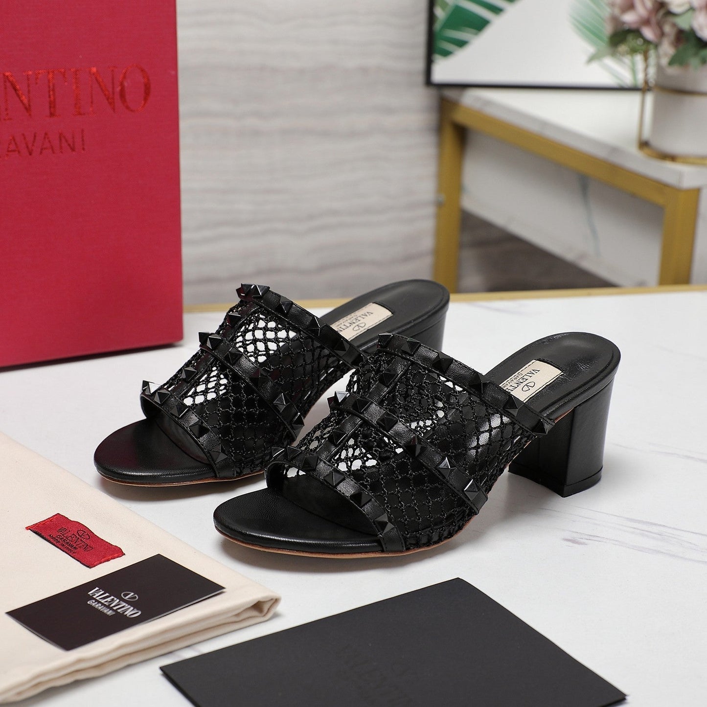 WOMEN'S BLACK ROCKSTUD BLACK MESH SLIDER SANDAL WITH MATCHING STUDS 65 MM - 35