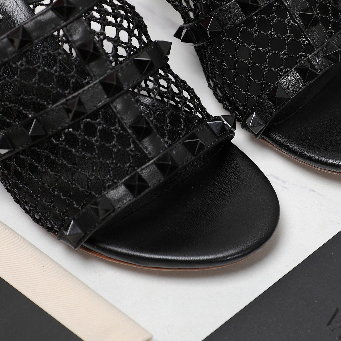 WOMEN'S BLACK ROCKSTUD BLACK MESH SLIDER SANDAL WITH MATCHING STUDS 65 MM - 35