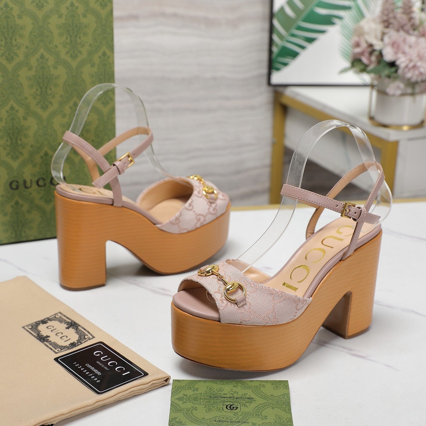 GG HORSEBIT WEDGE SANDAL IN LIGHT BEIGE MONOGRAM JACQUARD FABRIC AND SHEEPSKIN LINING - 35