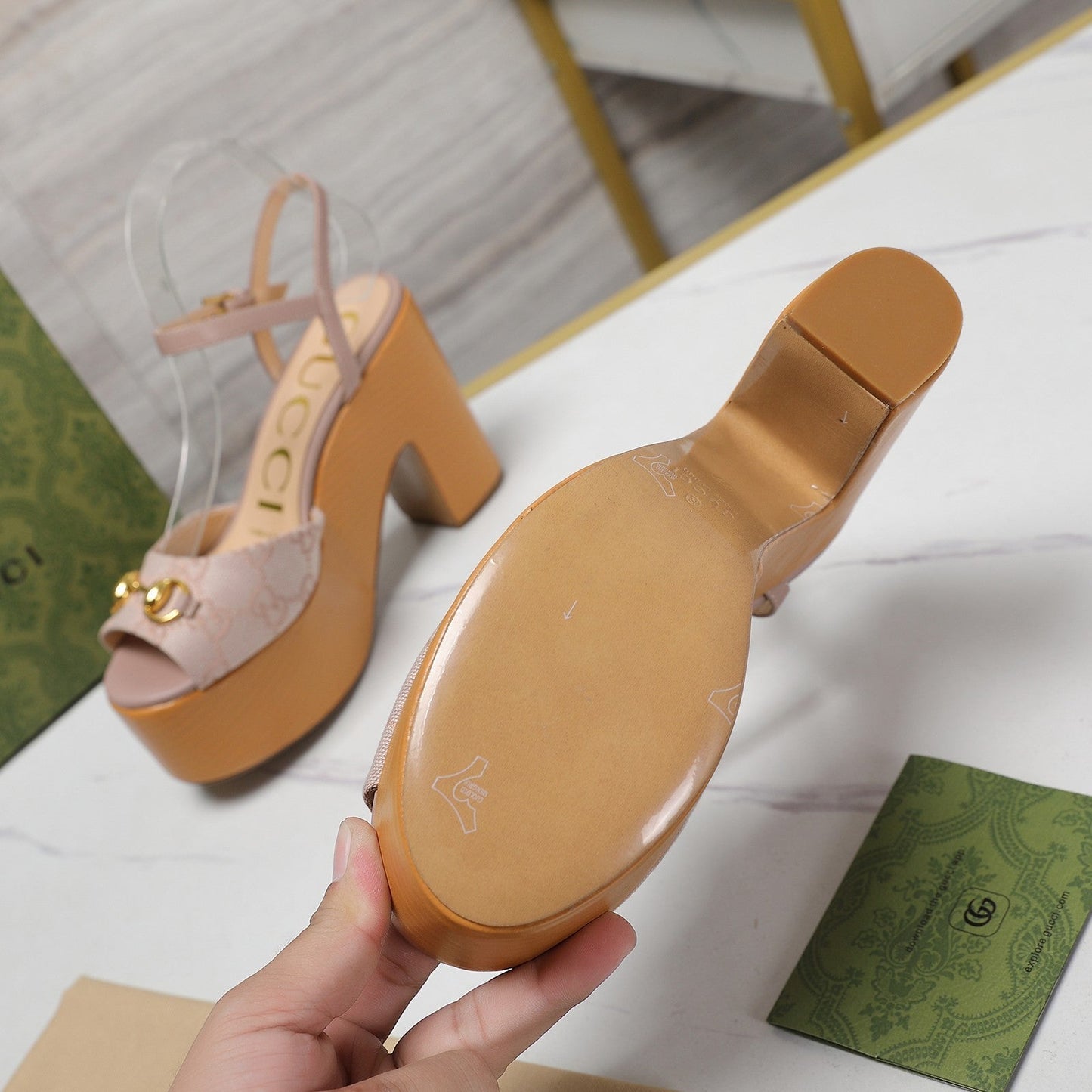 GG HORSEBIT WEDGE SANDAL IN LIGHT BEIGE MONOGRAM JACQUARD FABRIC AND SHEEPSKIN LINING - 35