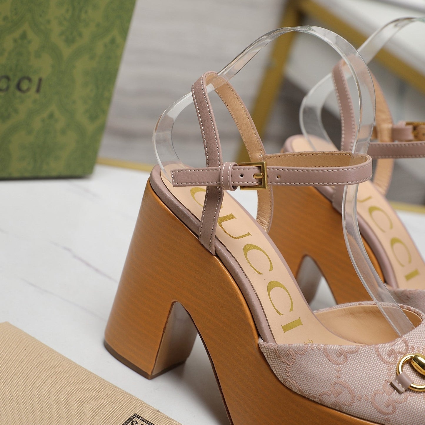 GG HORSEBIT WEDGE SANDAL IN LIGHT BEIGE MONOGRAM JACQUARD FABRIC AND SHEEPSKIN LINING - 35