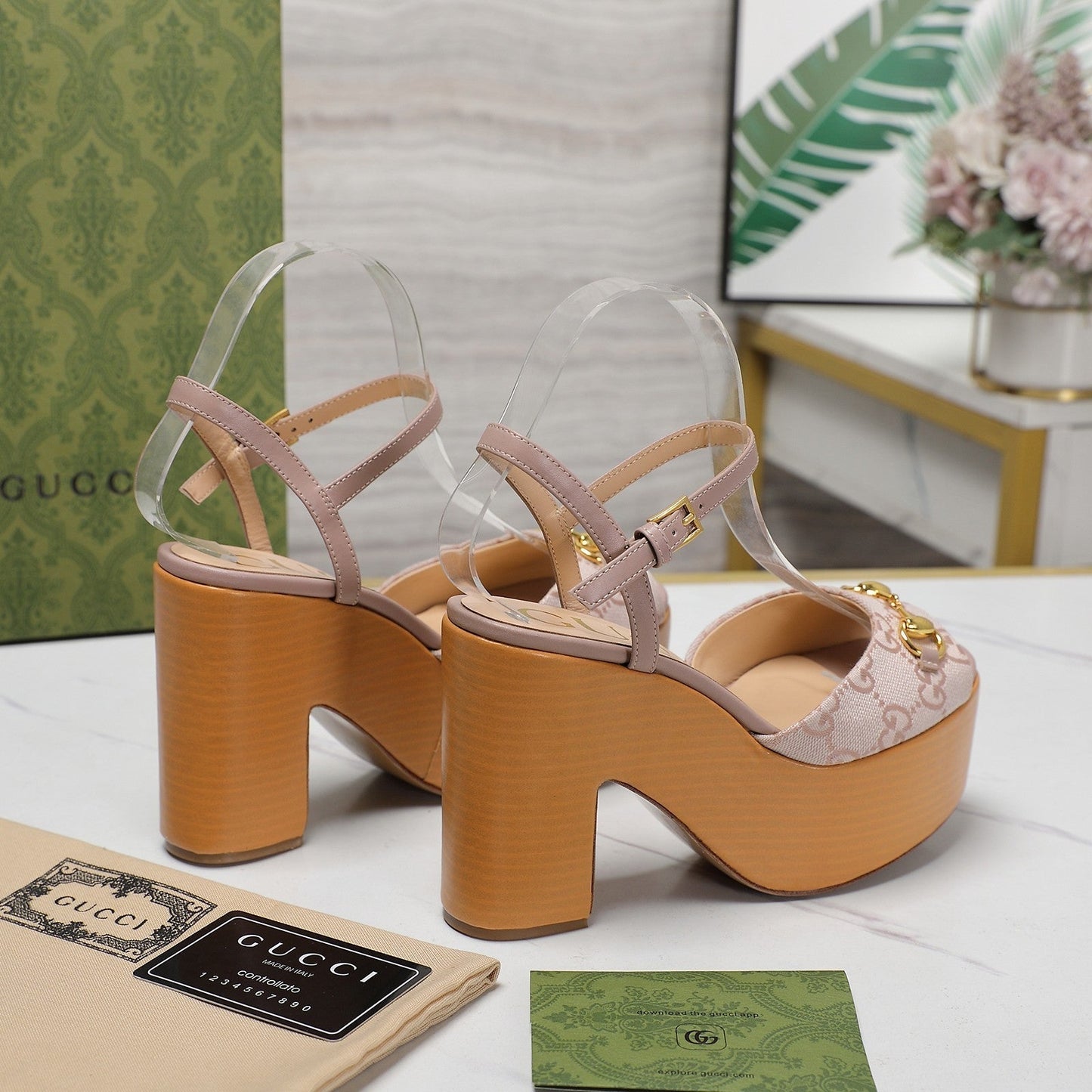 GG HORSEBIT WEDGE SANDAL IN LIGHT BEIGE MONOGRAM JACQUARD FABRIC AND SHEEPSKIN LINING - 35