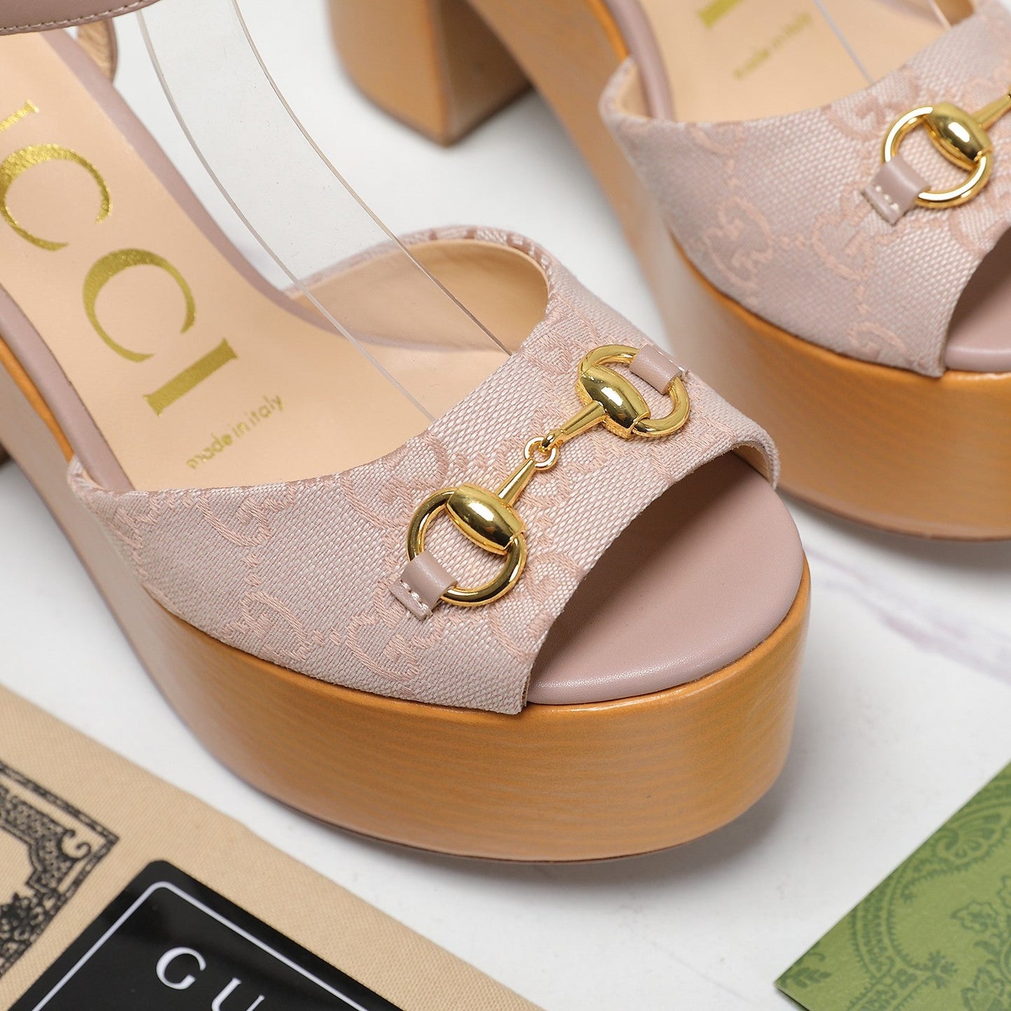 GG HORSEBIT WEDGE SANDAL IN LIGHT BEIGE MONOGRAM JACQUARD FABRIC AND SHEEPSKIN LINING - 35
