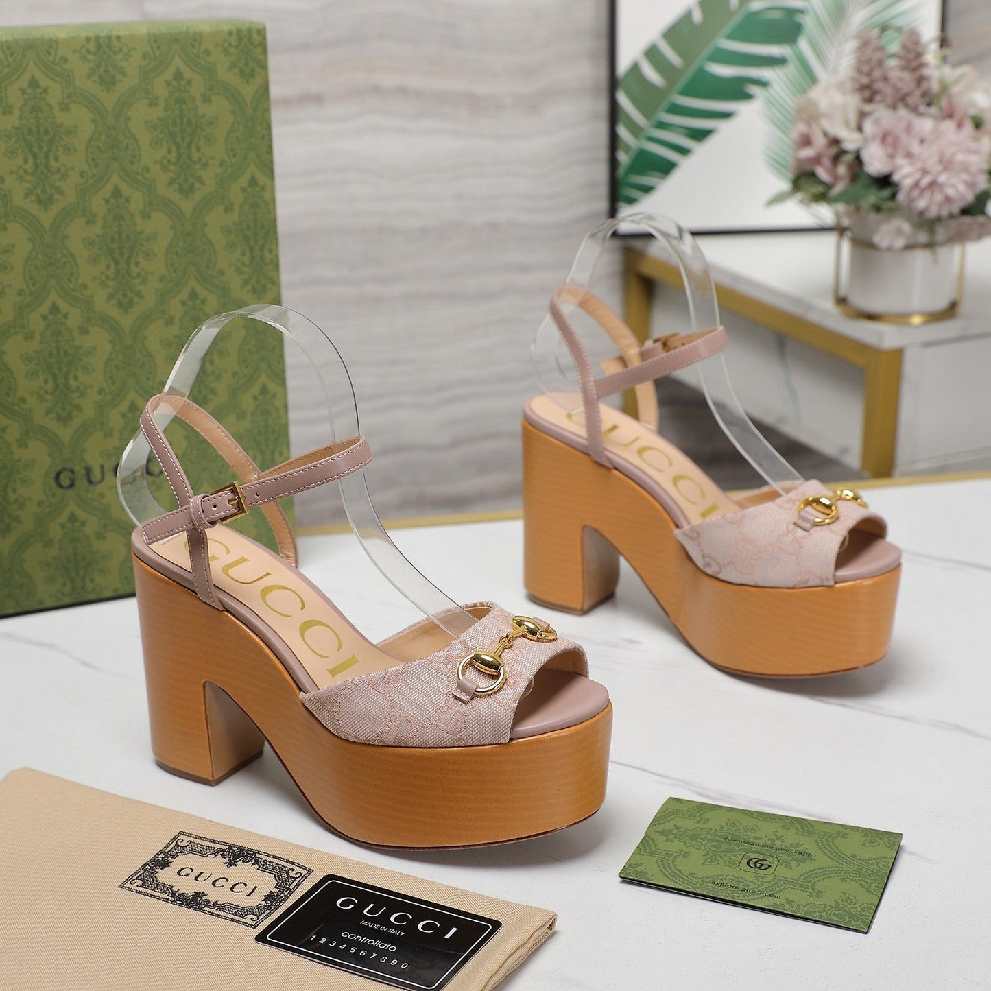 GG HORSEBIT WEDGE SANDAL IN LIGHT BEIGE MONOGRAM JACQUARD FABRIC AND SHEEPSKIN LINING - 35