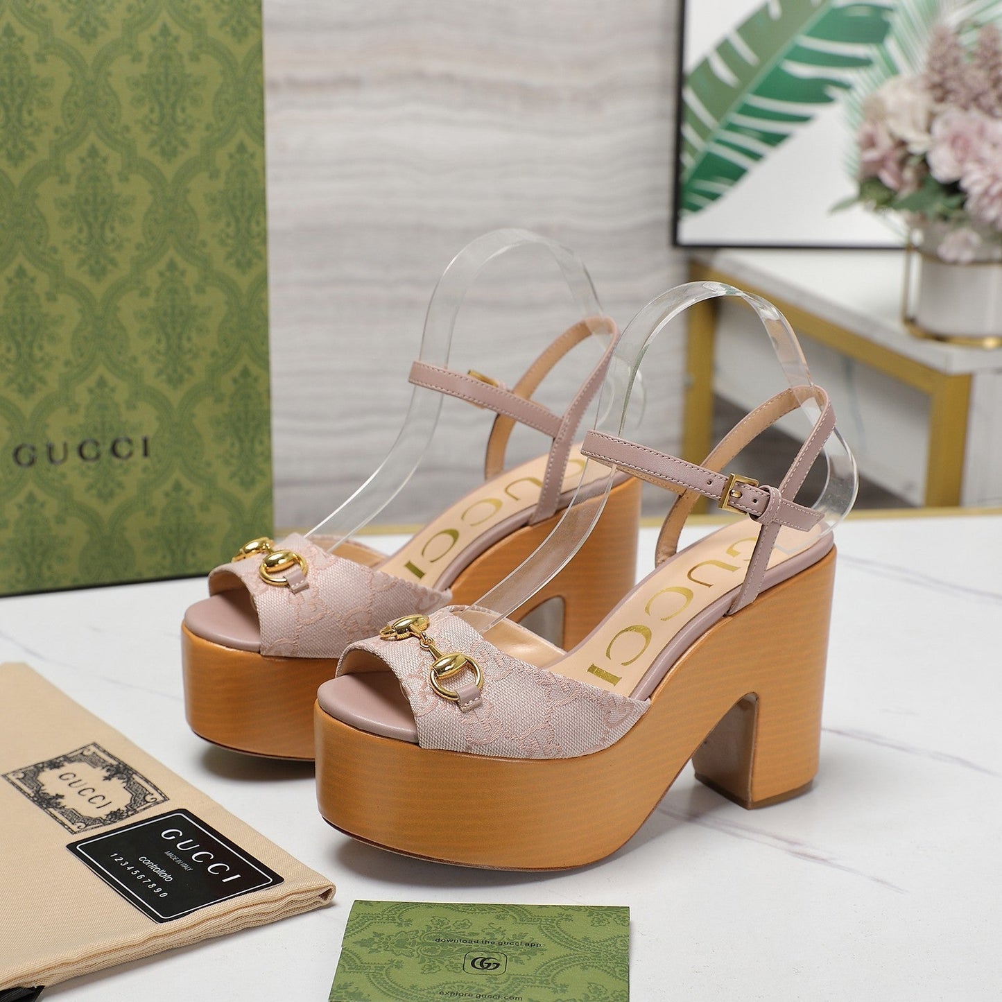GG HORSEBIT WEDGE SANDAL IN LIGHT BEIGE MONOGRAM JACQUARD FABRIC AND SHEEPSKIN LINING - 35