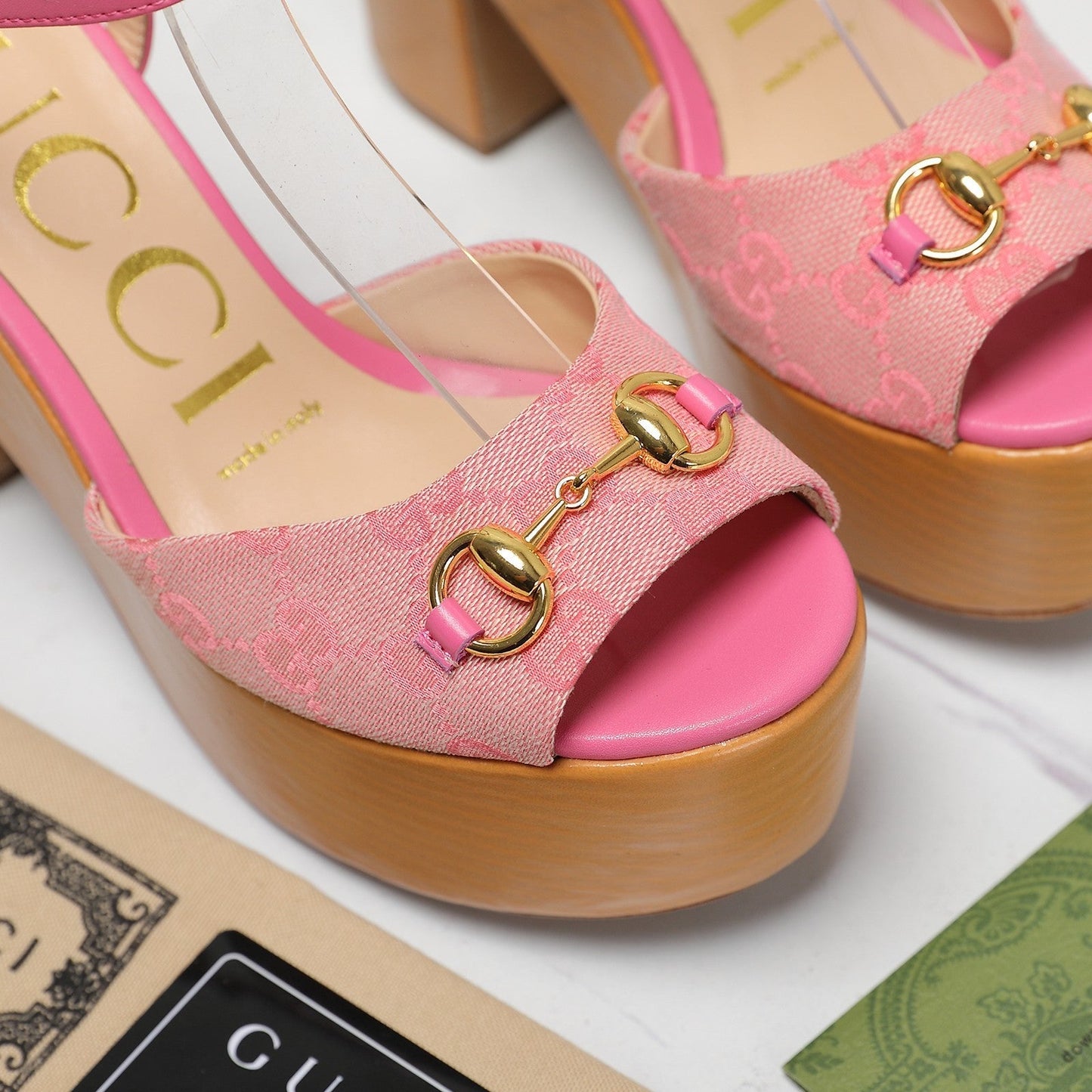 GG HORSEBIT WEDGE SANDAL IN PINK MONOGRAM JACQUARD FABRIC AND SHEEPSKIN LINING - 35