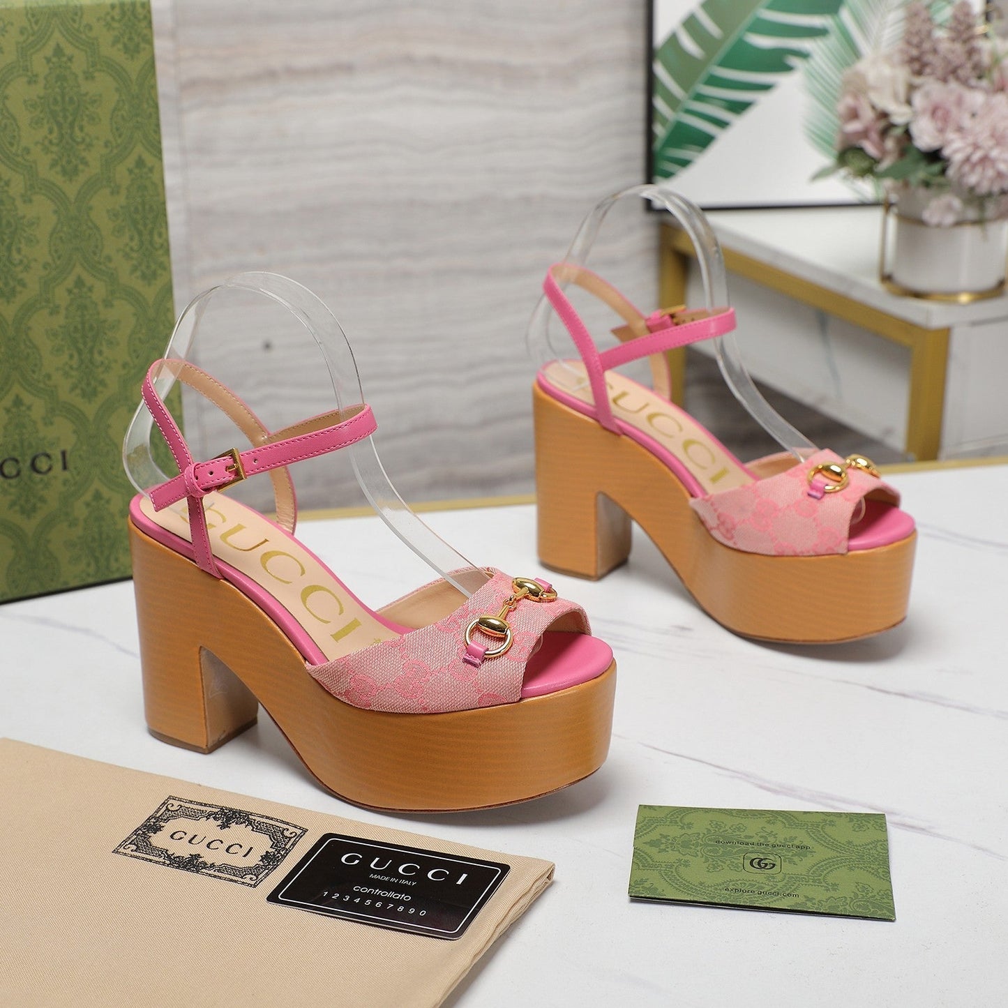 GG HORSEBIT WEDGE SANDAL IN PINK MONOGRAM JACQUARD FABRIC AND SHEEPSKIN LINING - 35
