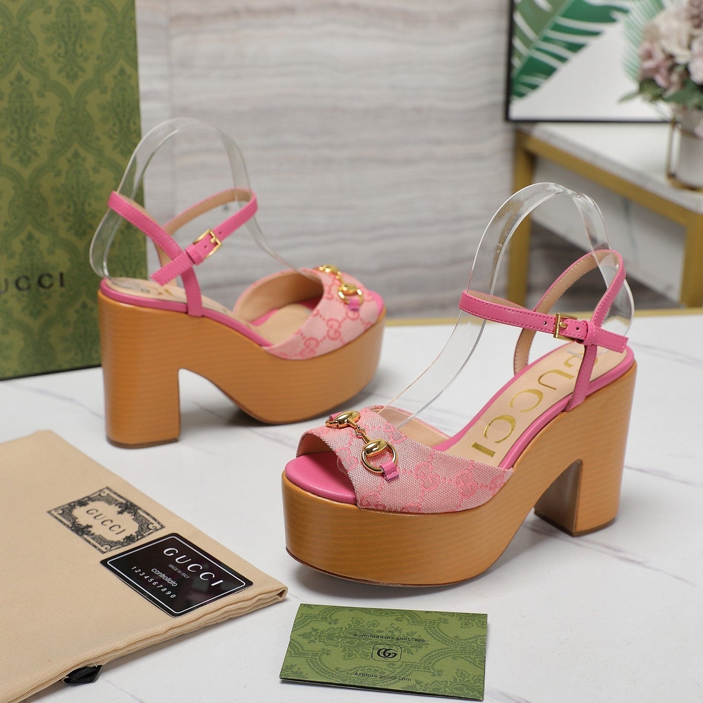 GG HORSEBIT WEDGE SANDAL IN PINK MONOGRAM JACQUARD FABRIC AND SHEEPSKIN LINING - 35