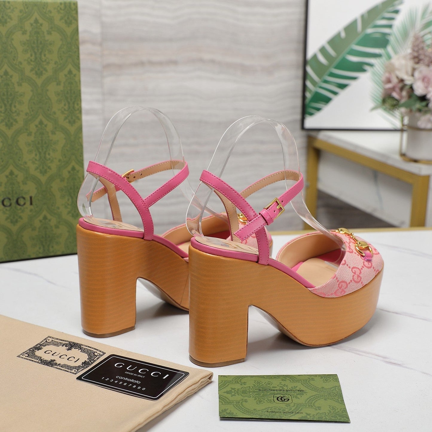 GG HORSEBIT WEDGE SANDAL IN PINK MONOGRAM JACQUARD FABRIC AND SHEEPSKIN LINING - 35