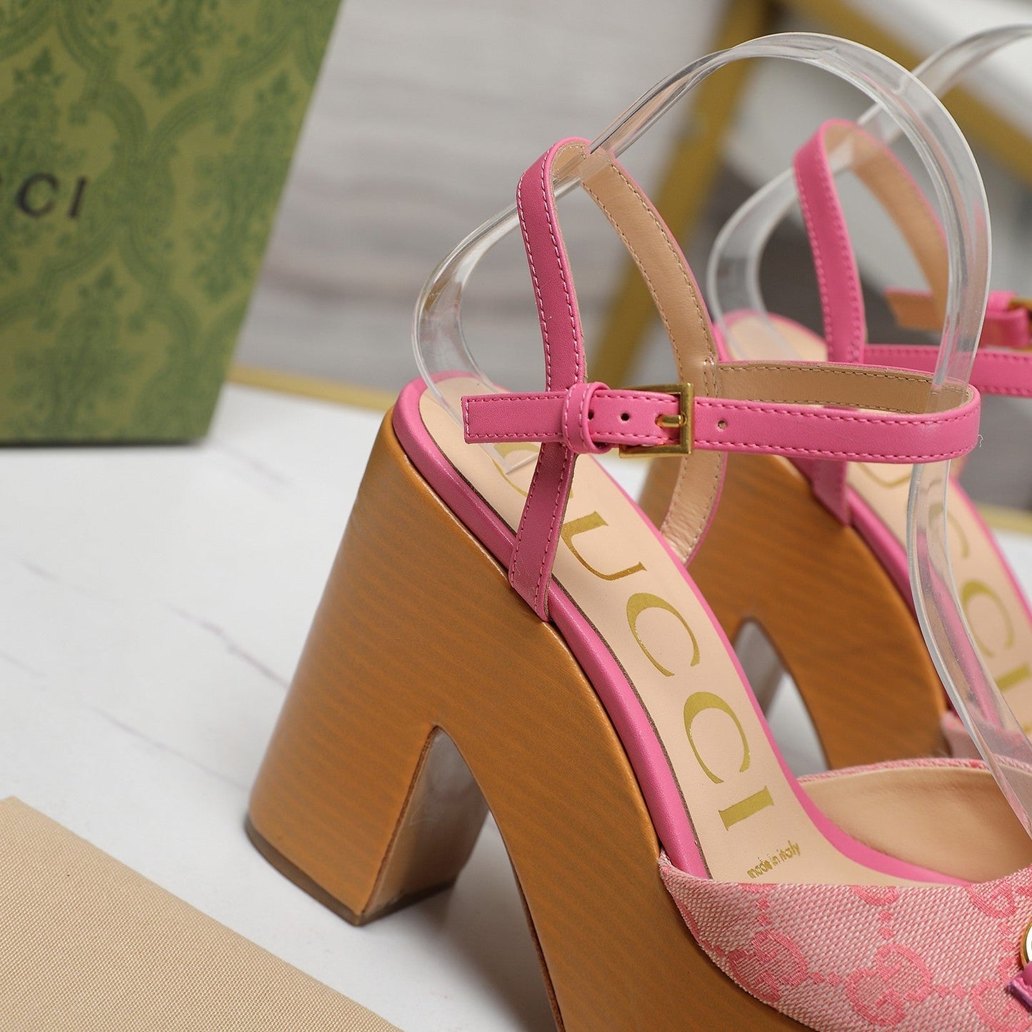 GG HORSEBIT WEDGE SANDAL IN PINK MONOGRAM JACQUARD FABRIC AND SHEEPSKIN LINING - 35