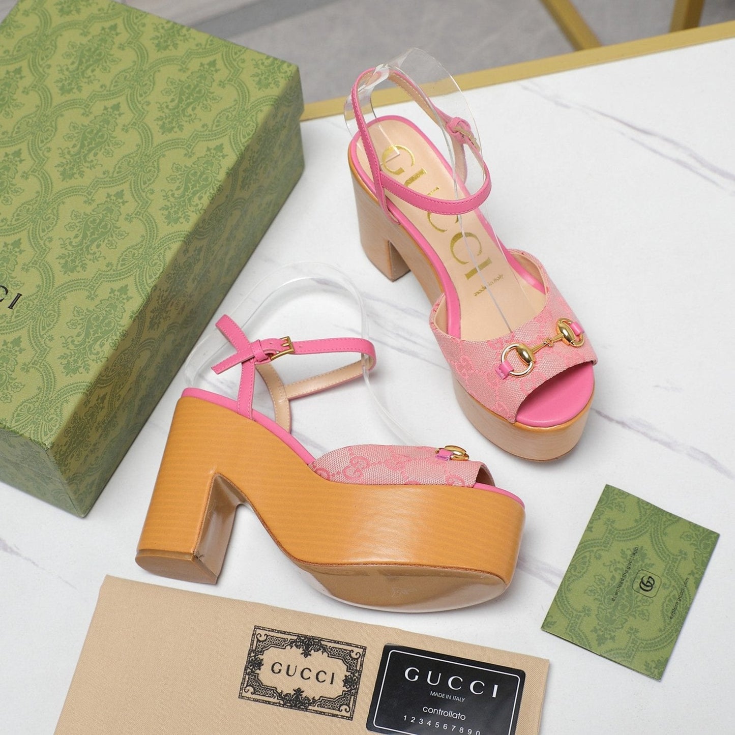 GG HORSEBIT WEDGE SANDAL IN PINK MONOGRAM JACQUARD FABRIC AND SHEEPSKIN LINING - 35