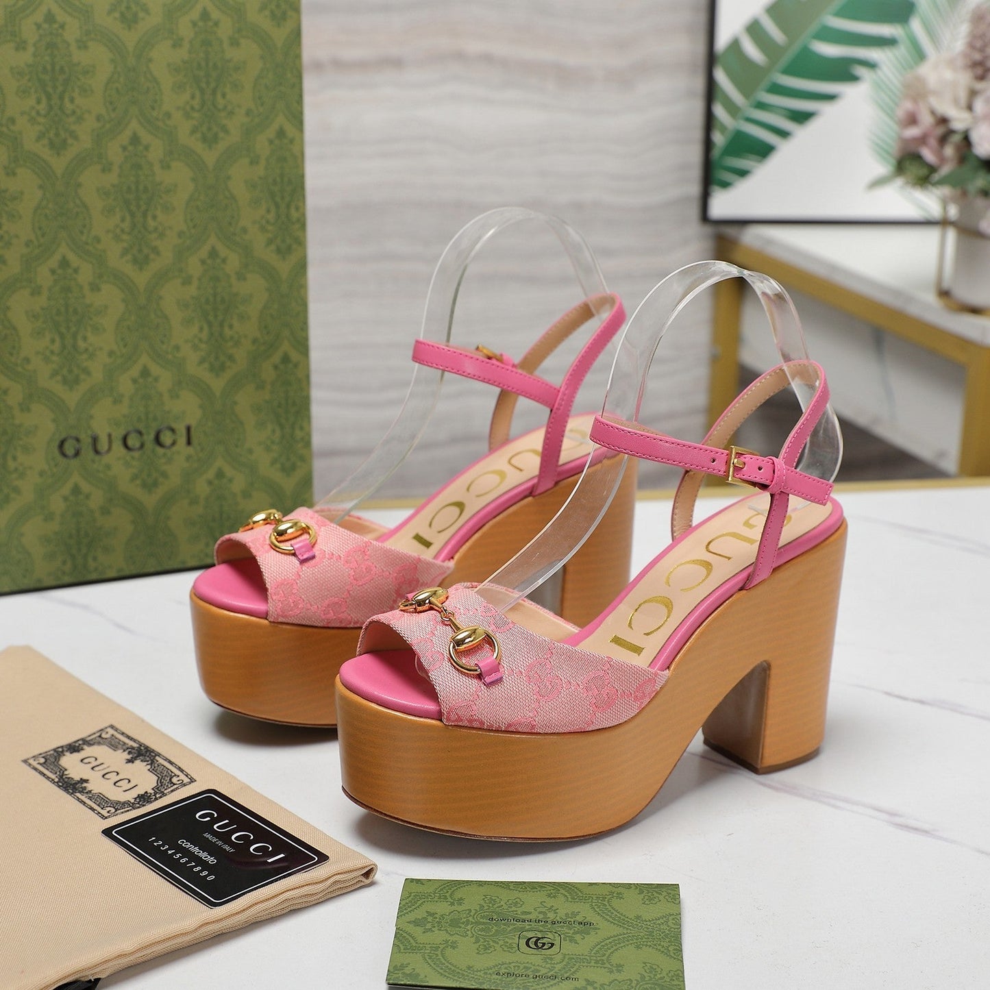 GG HORSEBIT WEDGE SANDAL IN PINK MONOGRAM JACQUARD FABRIC AND SHEEPSKIN LINING - 35