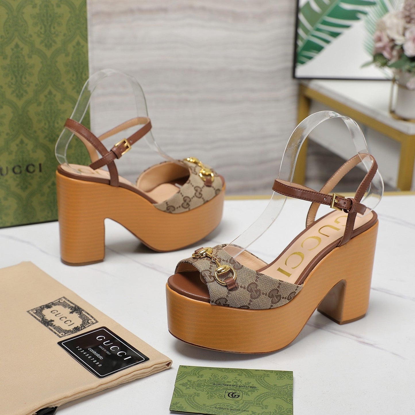 GG HORSEBIT WEDGE SANDAL IN BROWN MONOGRAM JACQUARD FABRIC AND SHEEPSKIN LINING - 35