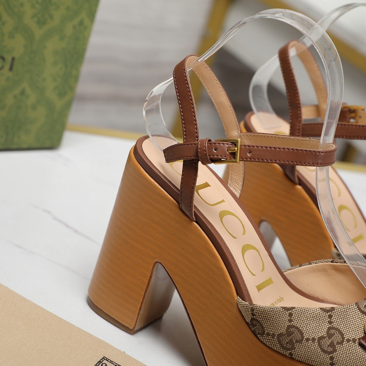 GG HORSEBIT WEDGE SANDAL IN BROWN MONOGRAM JACQUARD FABRIC AND SHEEPSKIN LINING - 35