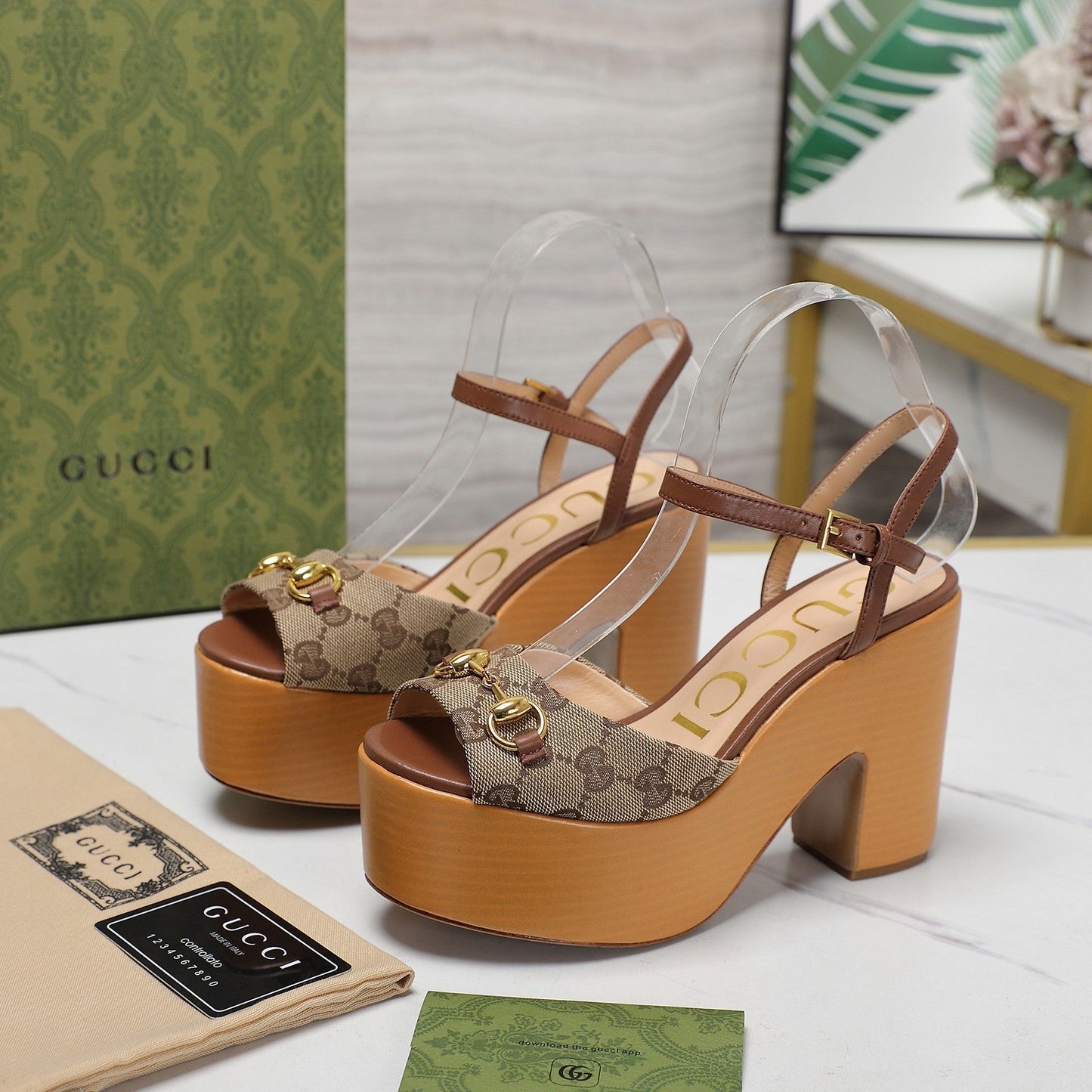 GG HORSEBIT WEDGE SANDAL IN BROWN MONOGRAM JACQUARD FABRIC AND SHEEPSKIN LINING - 35