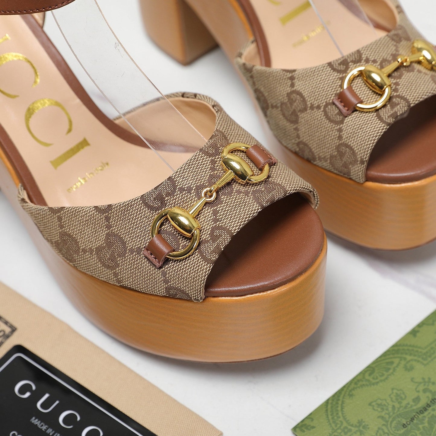 GG HORSEBIT WEDGE SANDAL IN BROWN MONOGRAM JACQUARD FABRIC AND SHEEPSKIN LINING - 35