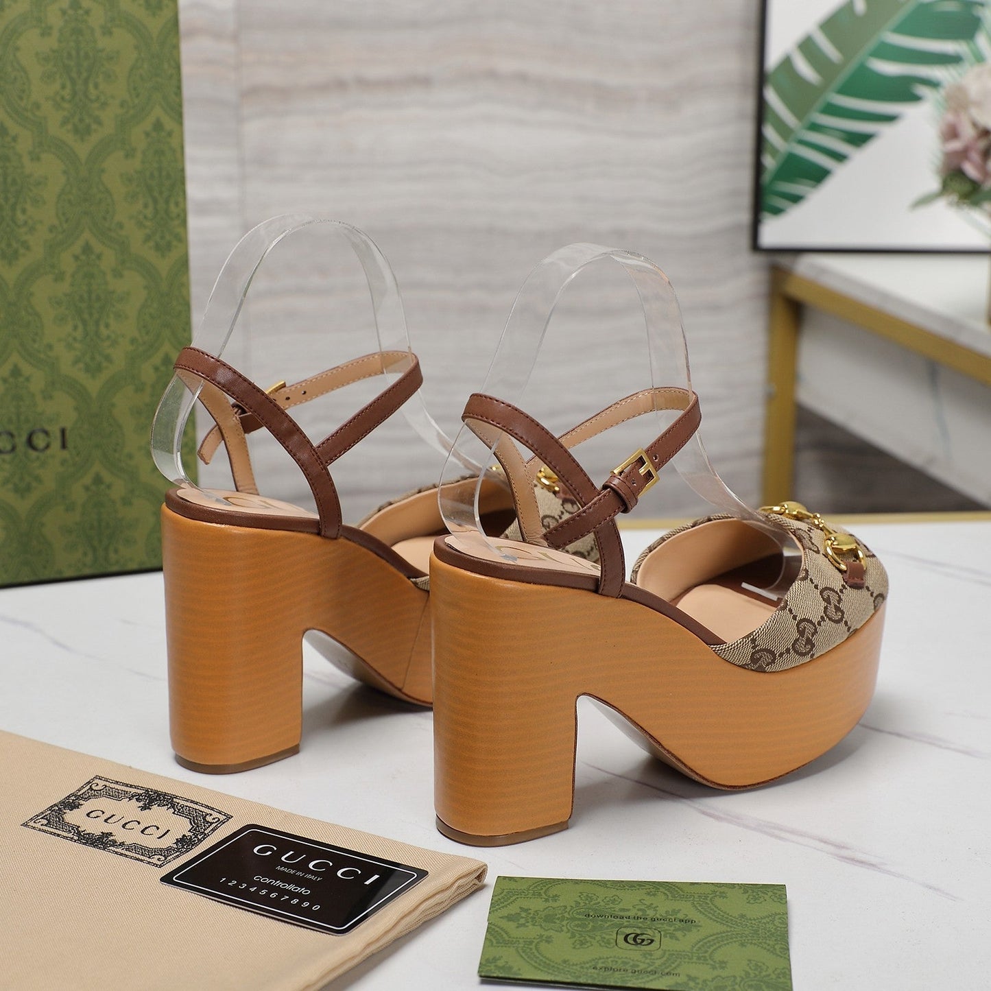 GG HORSEBIT WEDGE SANDAL IN BROWN MONOGRAM JACQUARD FABRIC AND SHEEPSKIN LINING - 35